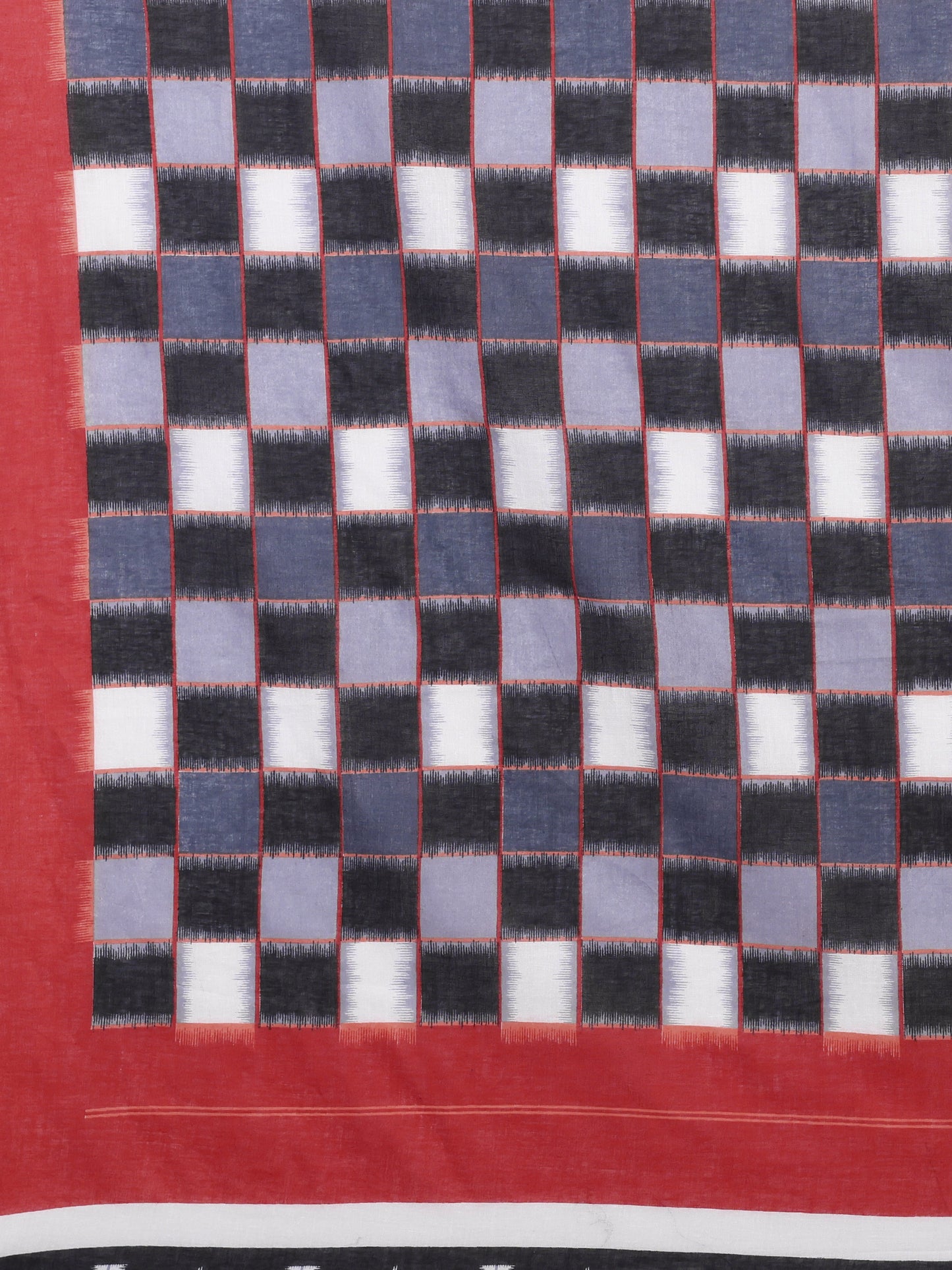 Elegant White Mul Mul Cotton Saree with Black Checks and Rust Red Border