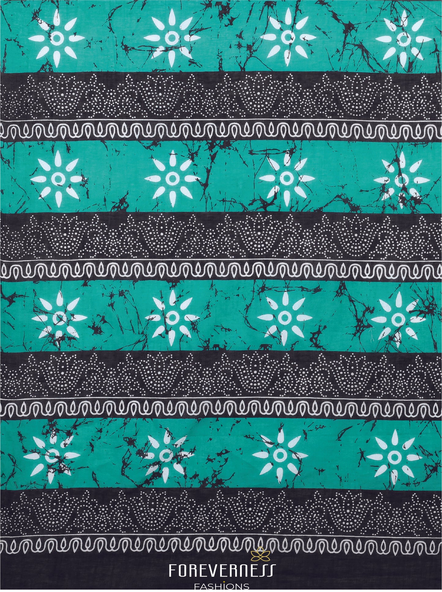 Teal Green & Black Mul Mul Cotton Saree with Batik and Floral Handblock Print