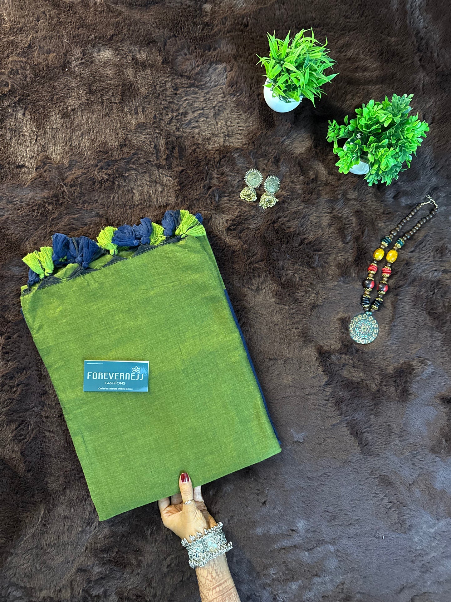 Navy Blue & Green Pure Khadi Cotton Saree with Handmade Tassel Detailing