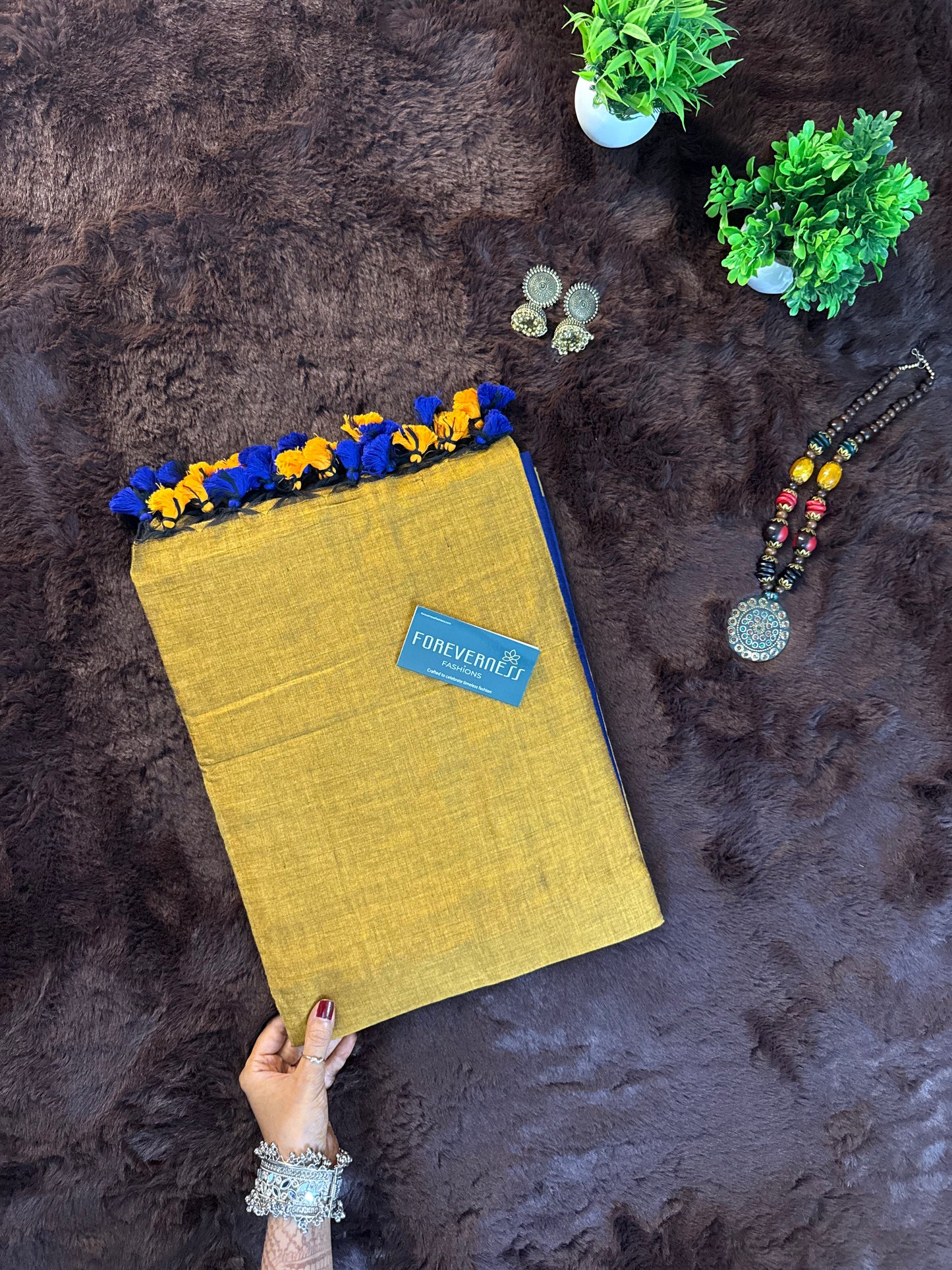 Ink Blue & Golden Brown Khadi Cotton Saree with Handmade Tassel Detailing