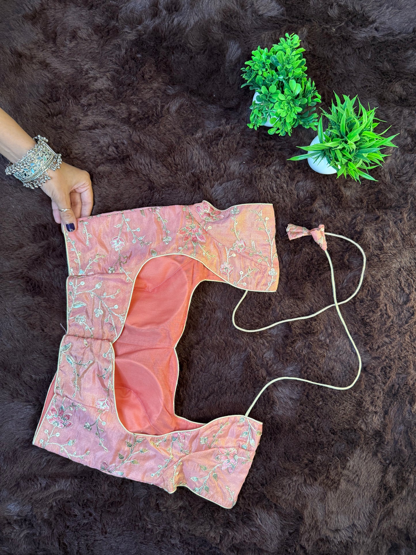 Peach Blossom Tissue Shimmer Blouse with Zari Work