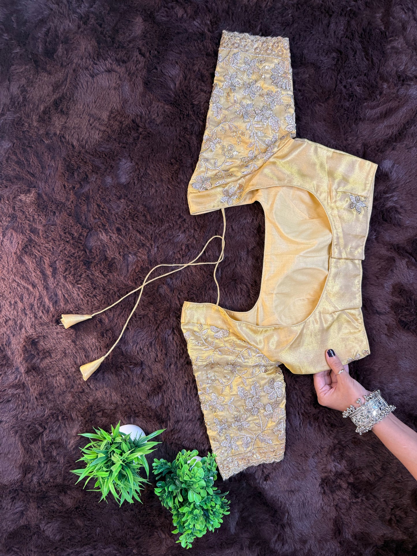 Golden Tissue Silk Blouse with Handwork