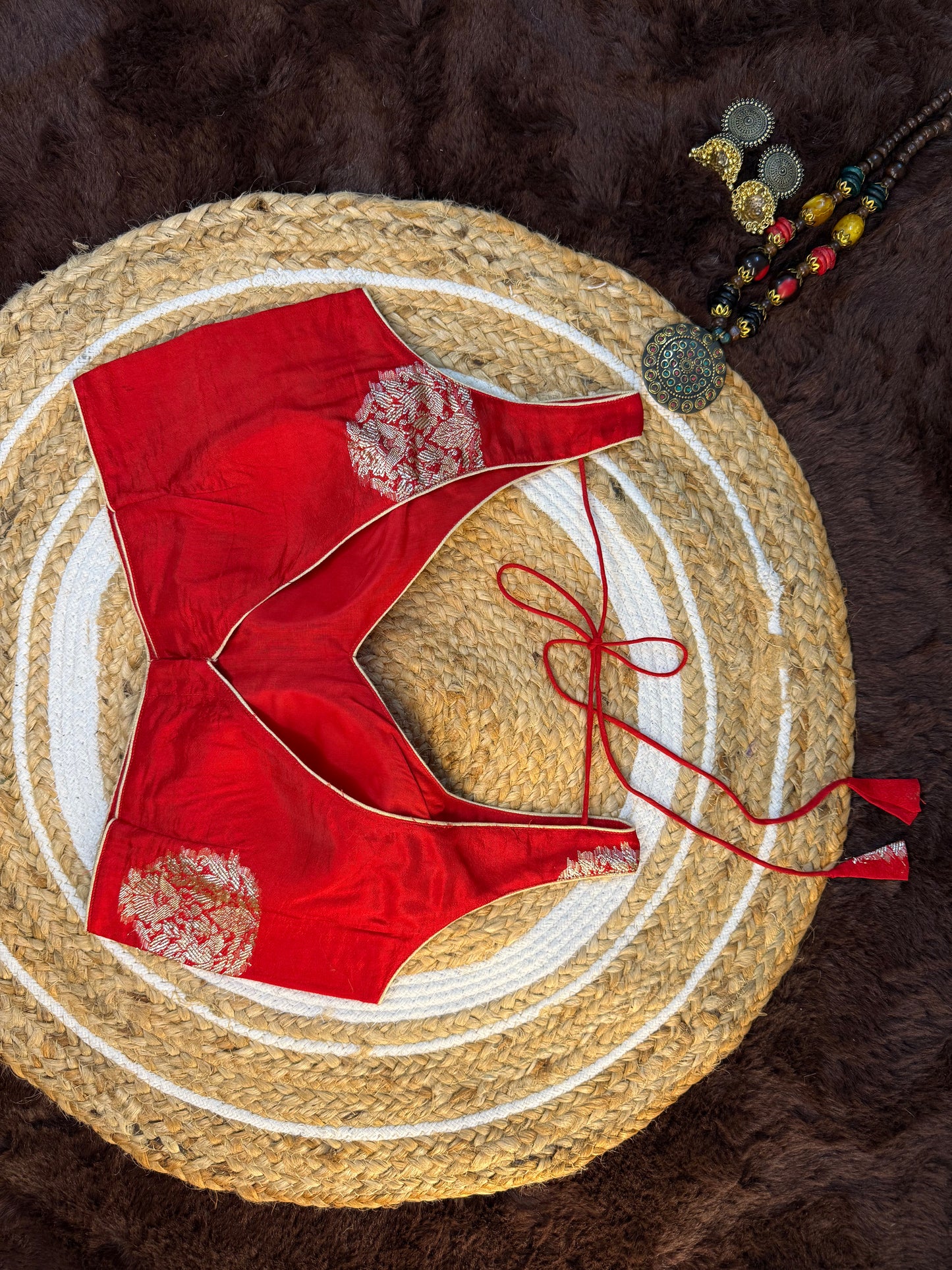 Regal Red Banarasi Silk Sleeveless Blouse with V-Neck and Heavy Zari Work