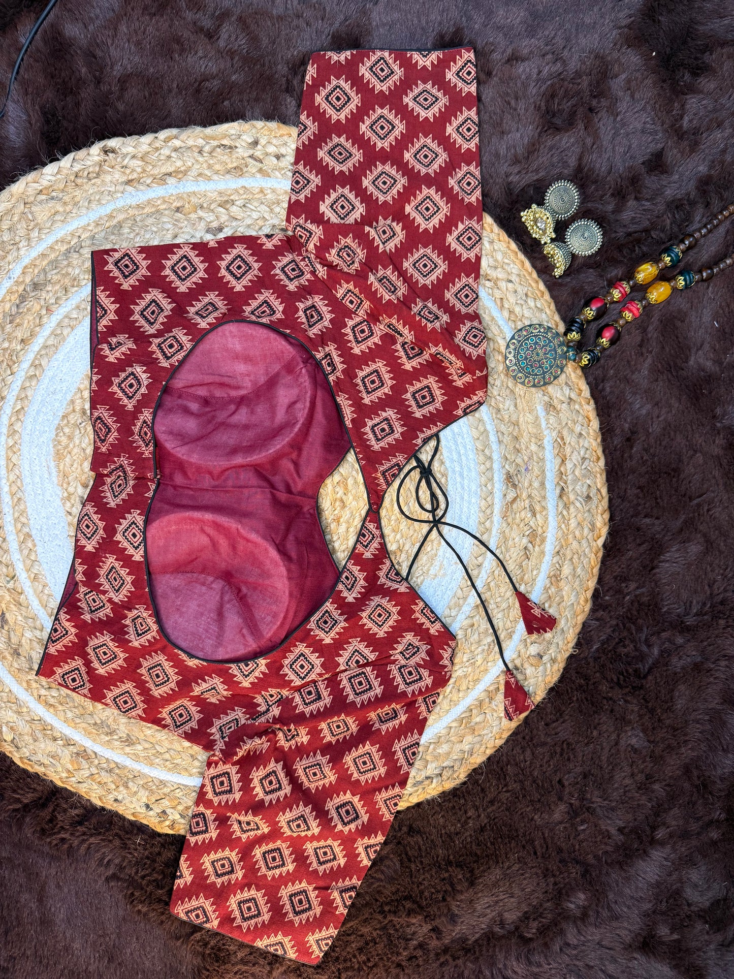 Ajrakh Print Blouse with Back Open and Elbow Sleeves