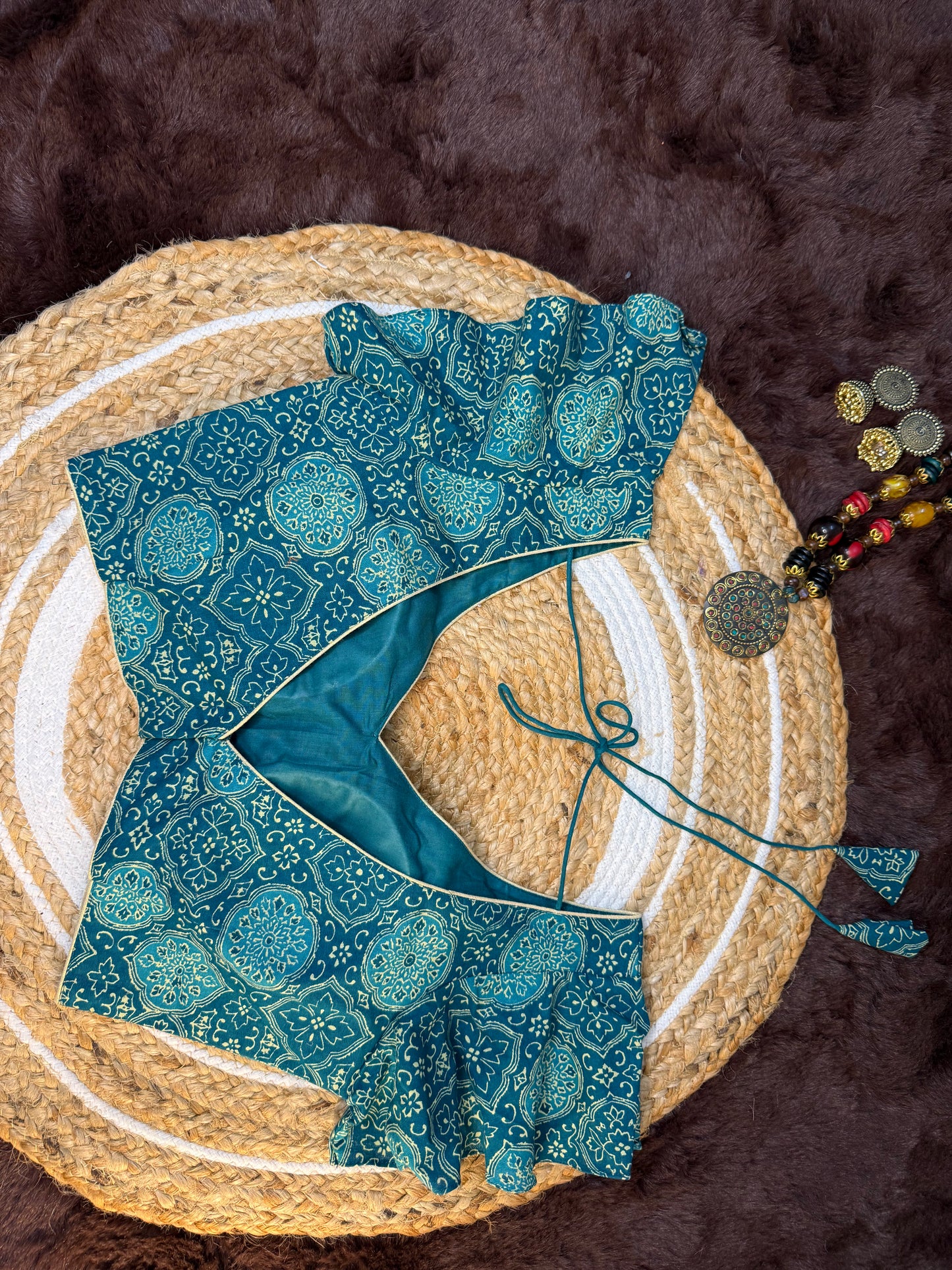 Cotton Printed V-Neck Blouse with Ruffle Sleeves