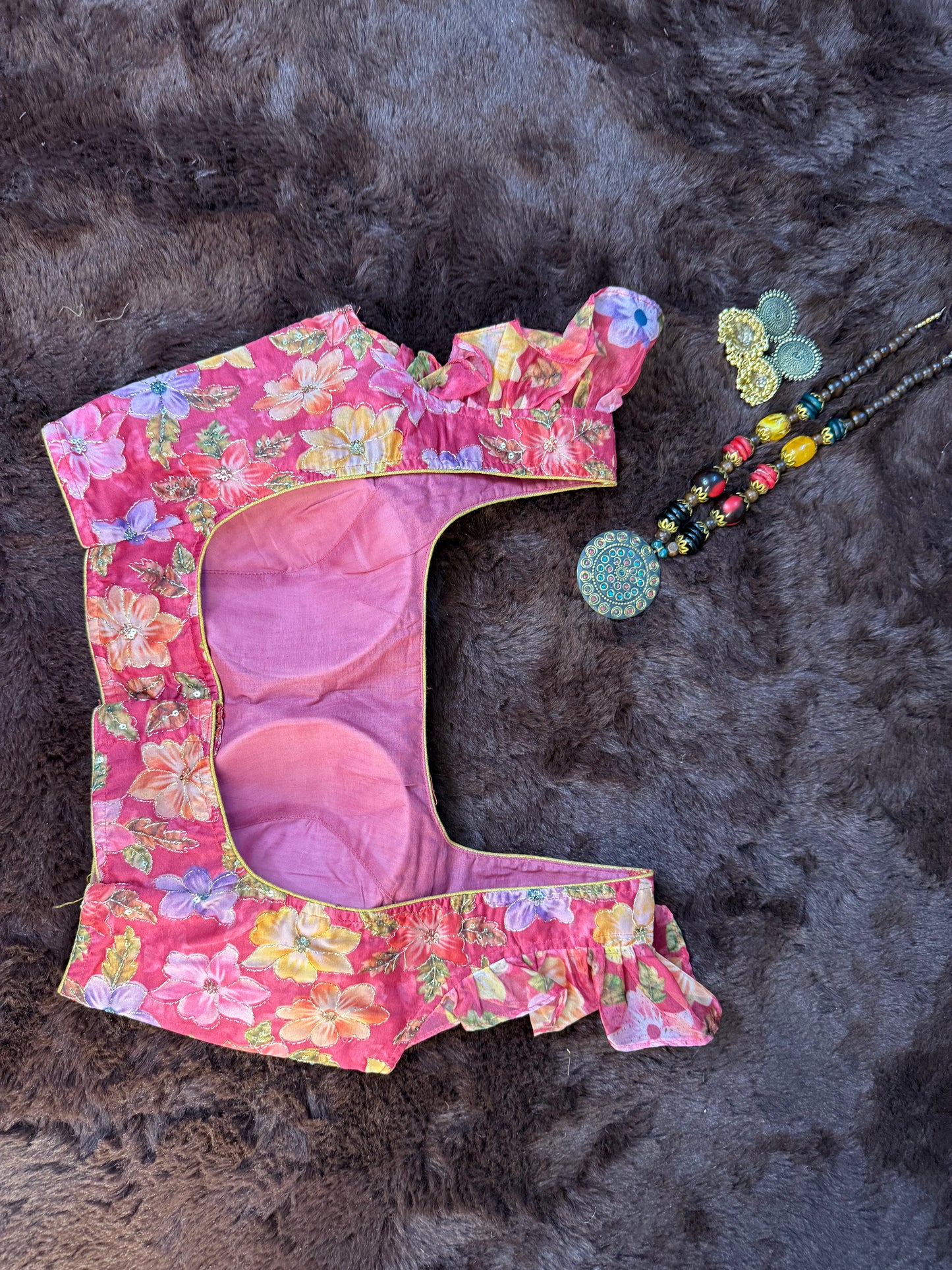 Organza Floral Blouse with Ruffled Sleeves