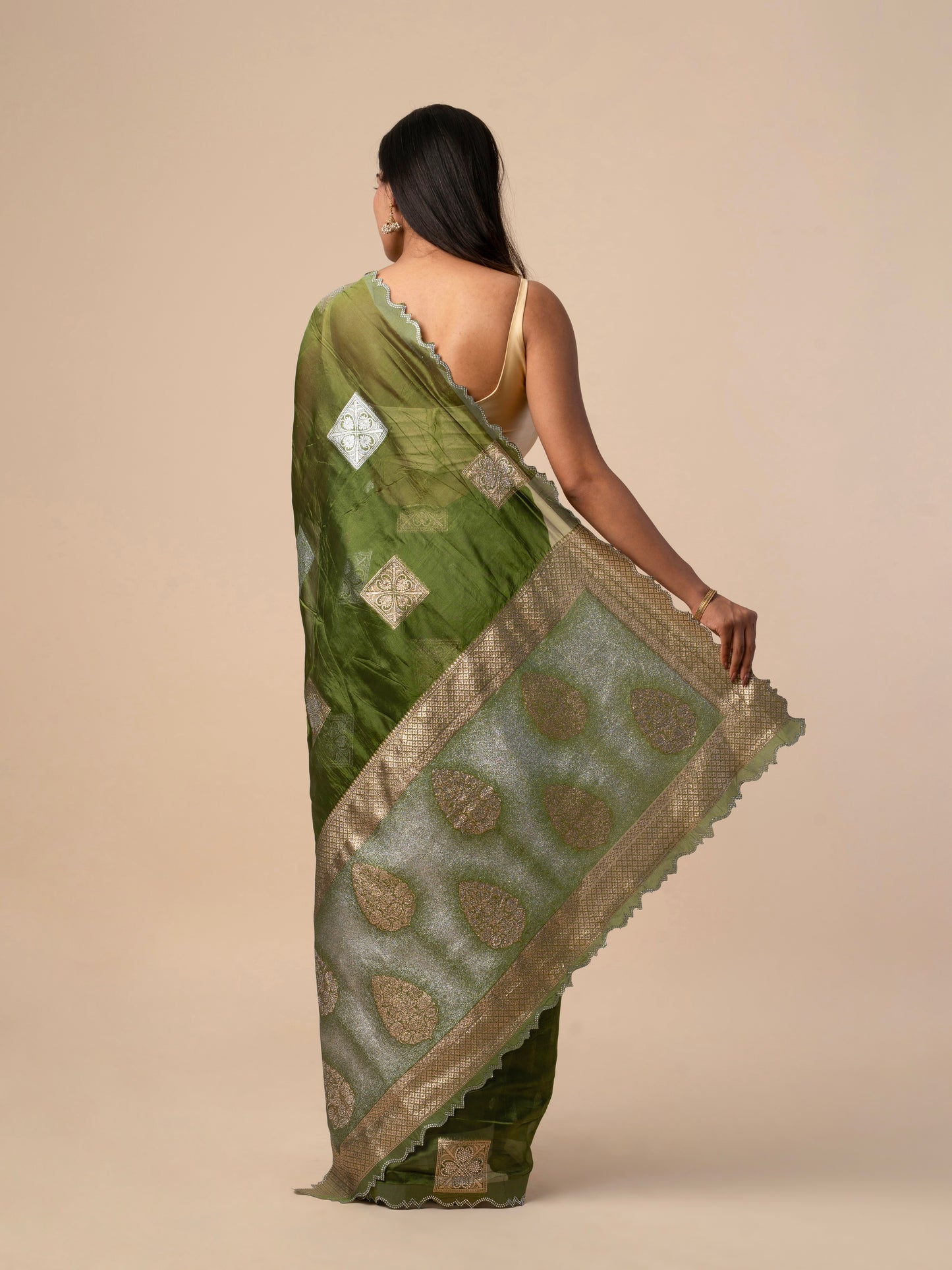 Mehndi Green Organza Saree with Silver Thread Patch Embroidery & Zari Border