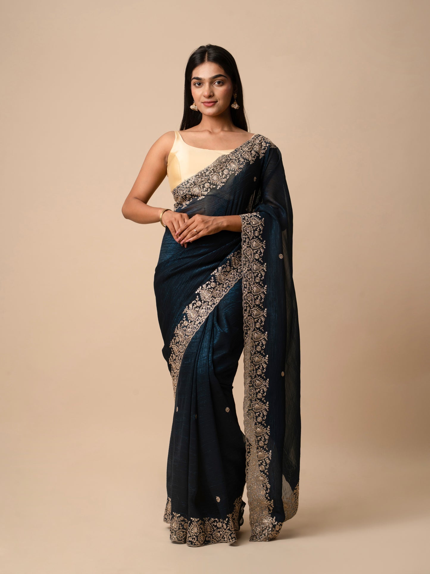 Crushed Zimmy Chuu Saree with Heavy Gold Thread Embroidered Border