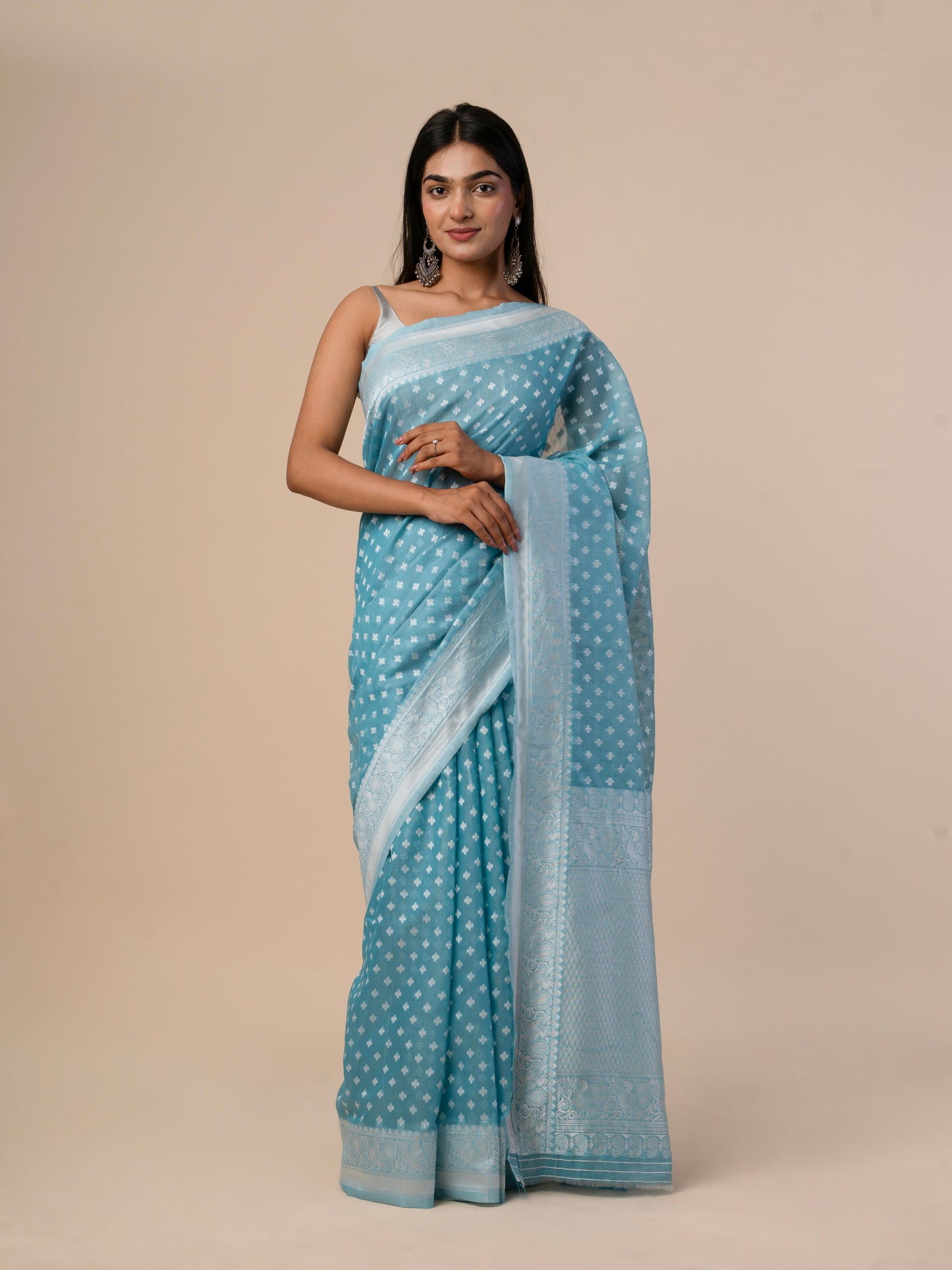 Cotton Silk Saree with All-Over Jacquard Buti Weaving and Self Woven Border