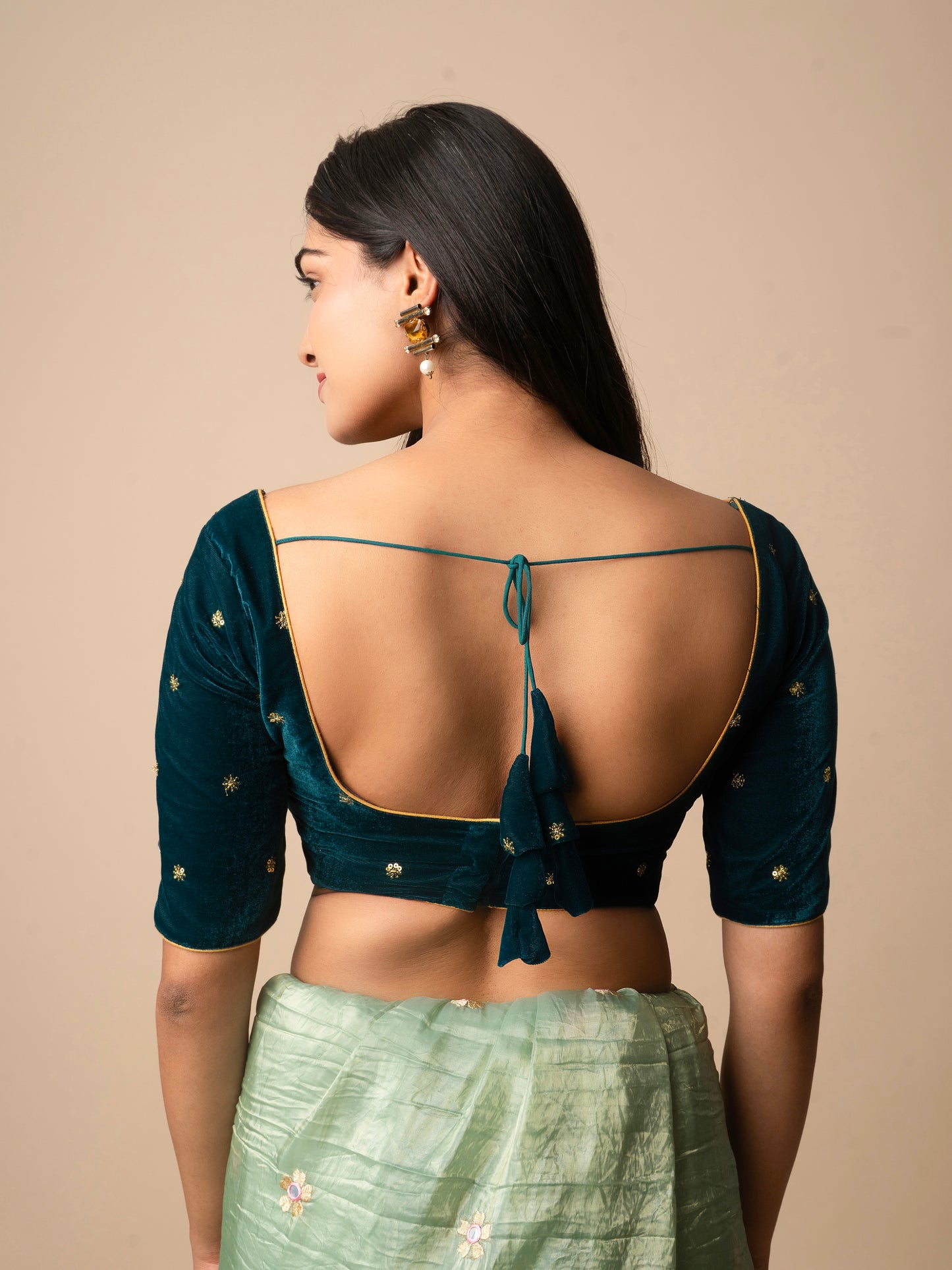 Emerald Green Velvet Blouse with Zari Embroidery