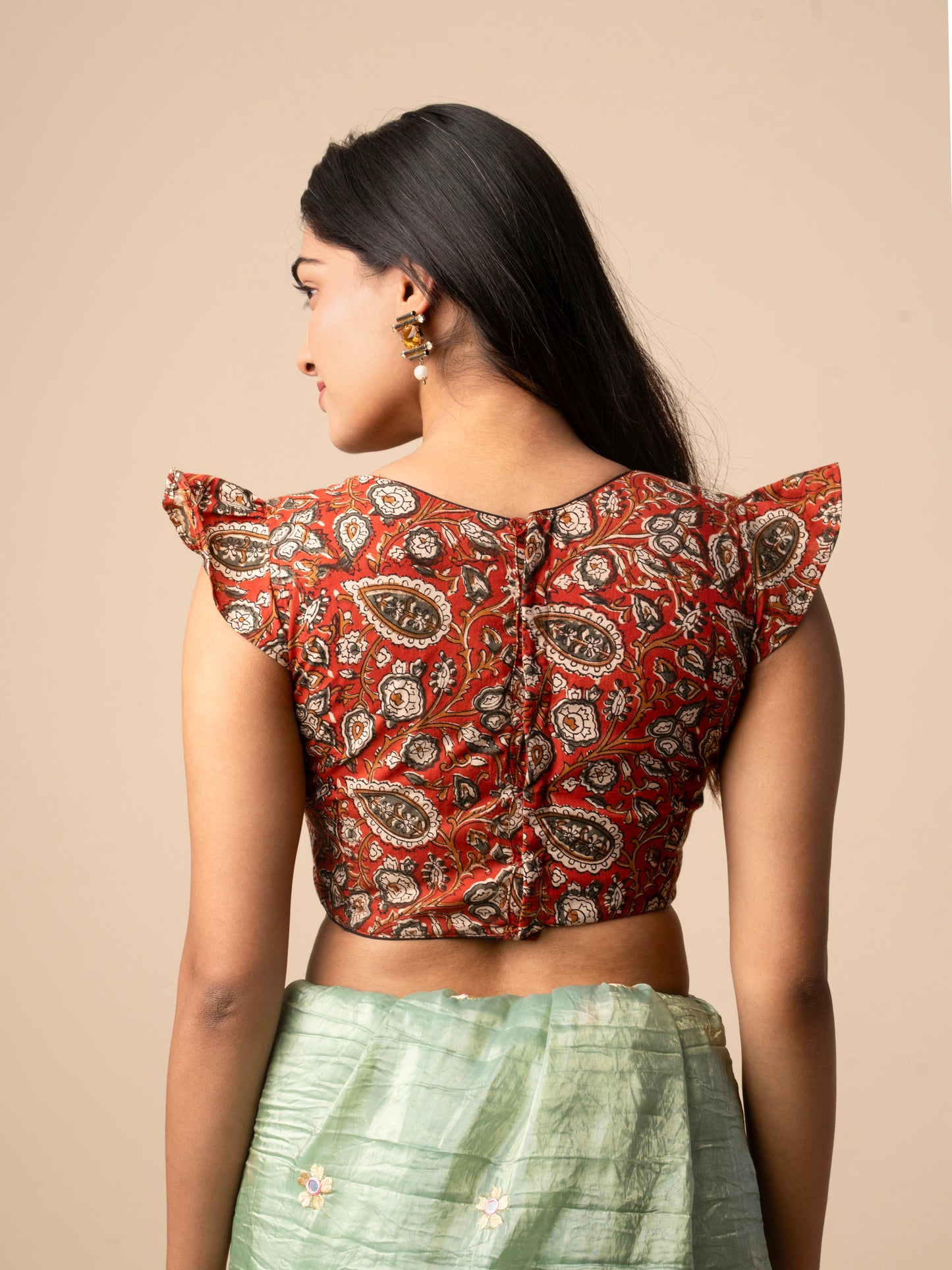 Ajrakh Print Cotton Blouse with Ruffle Sleeves