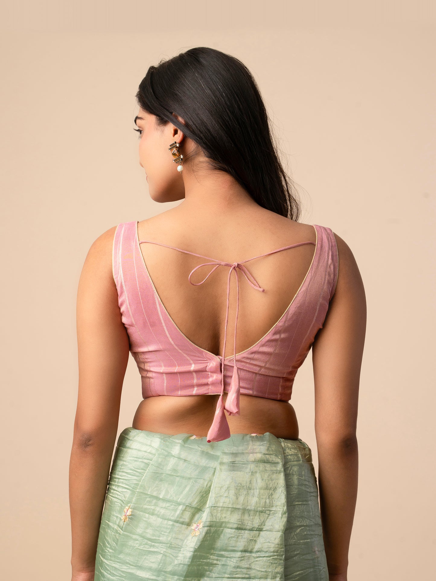 Baby Pink Silk Blouse with Zari Stripes & Tie-Up Tassels