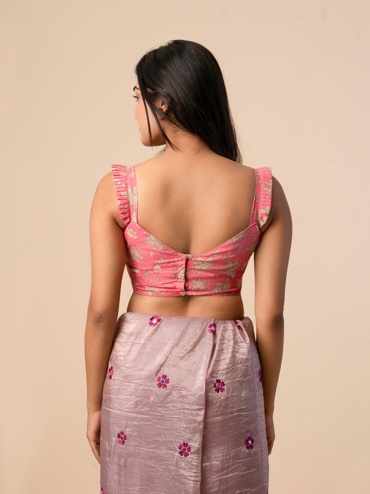 Pink Floral Printed Cotton Blouse with Pleated Straps