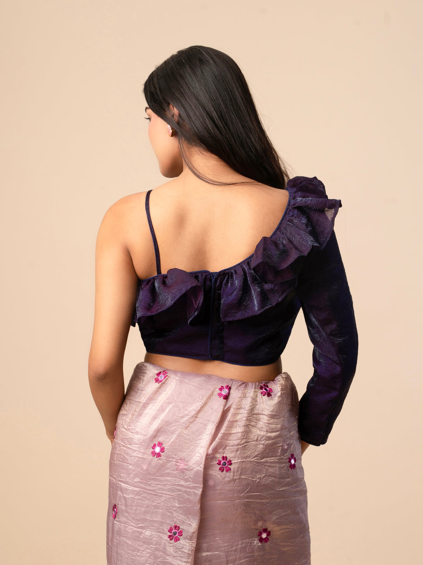 Deep Purple Off-Shoulder Ruffle Blouse with Full Sleeves