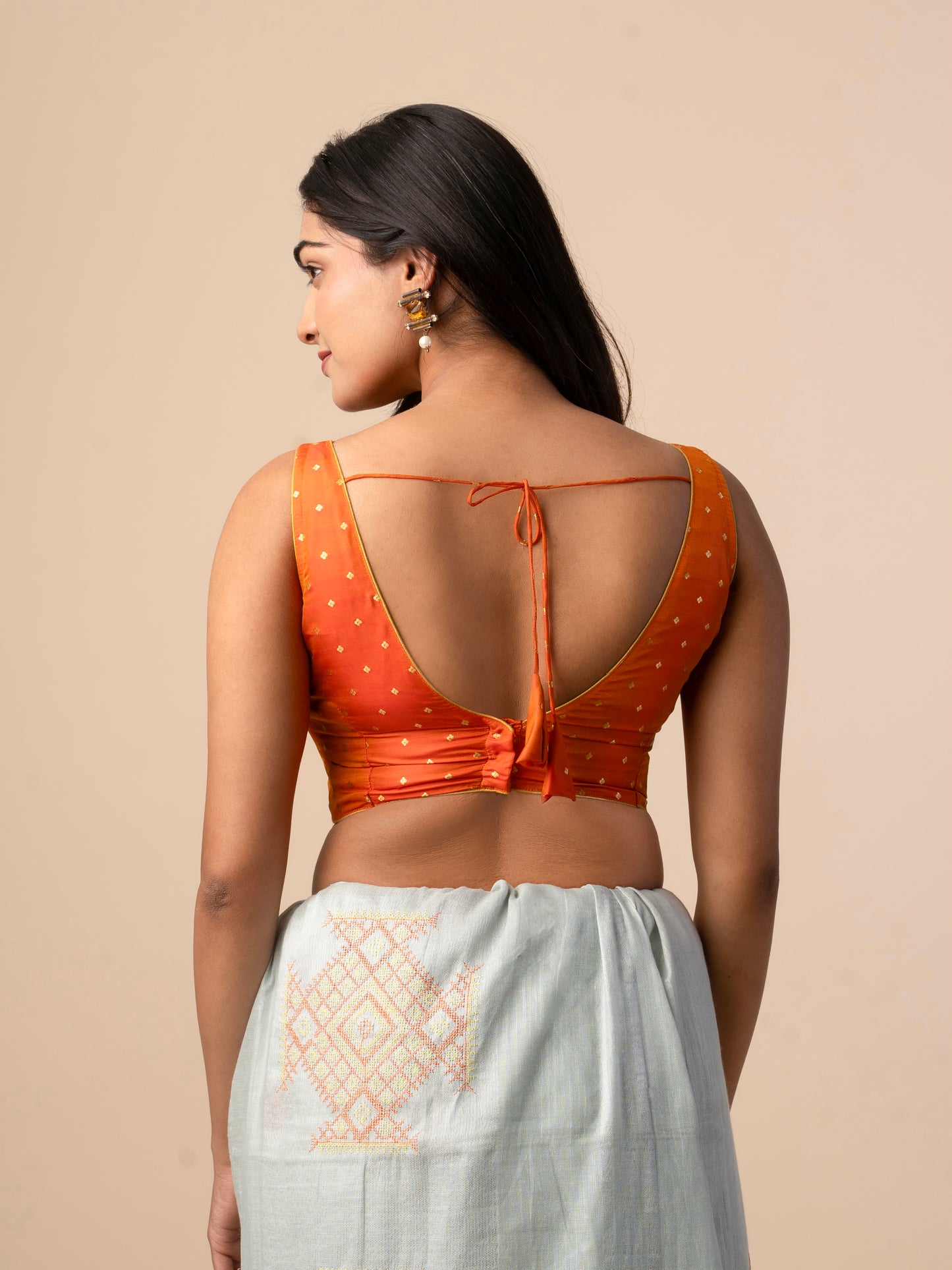 Orange Silk Blouse with Gold Zari Buti Work