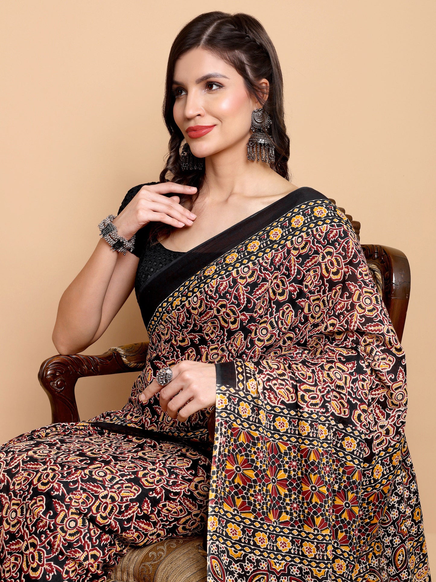 Rust Black Mul Mul Cotton Saree with All-Over Ajrakh-Inspired Print
