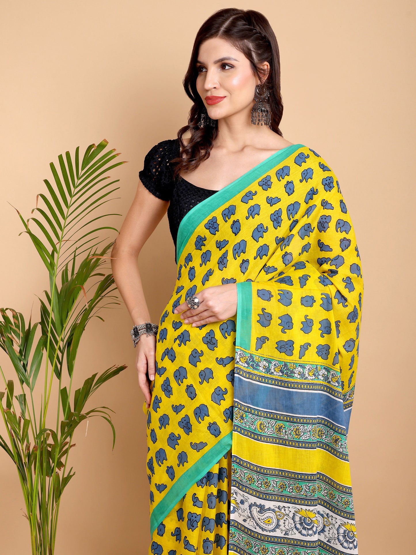 Vibrant Yellow Mul Mul Cotton Saree with Elephant Print & Multicolor Pallu