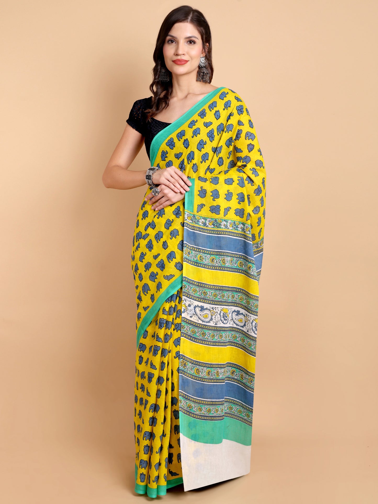 Vibrant Yellow Mul Mul Cotton Saree with Elephant Print & Multicolor Pallu