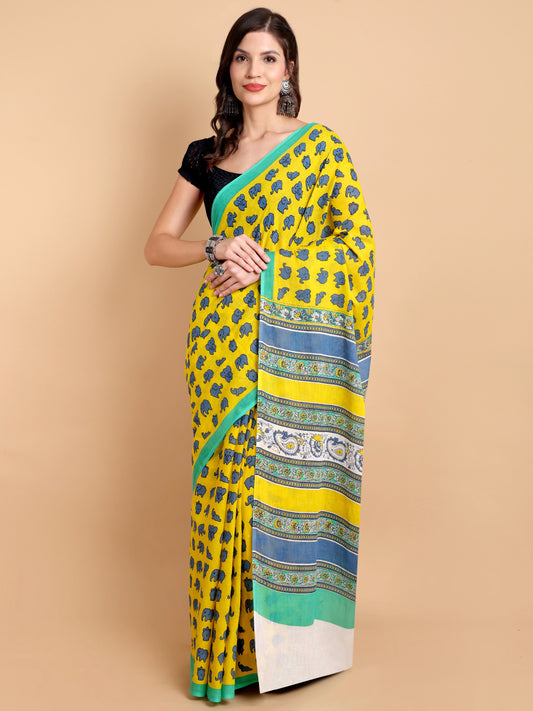 Vibrant Yellow Mul Mul Cotton Saree with Elephant Print & Multicolor Pallu