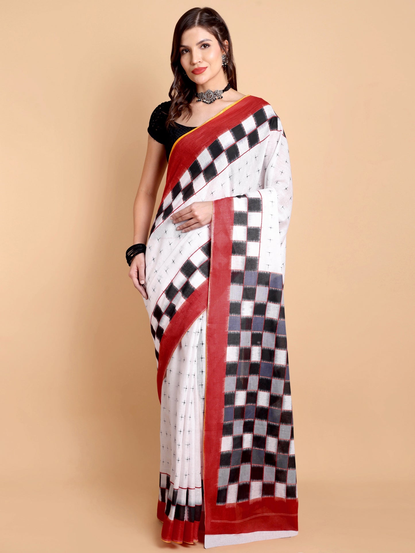 Elegant White Mul Mul Cotton Saree with Black Checks and Rust Red Border