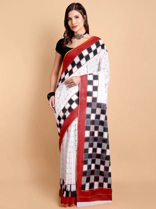 Elegant White Mul Mul Cotton Saree with Black Checks and Rust Red Border