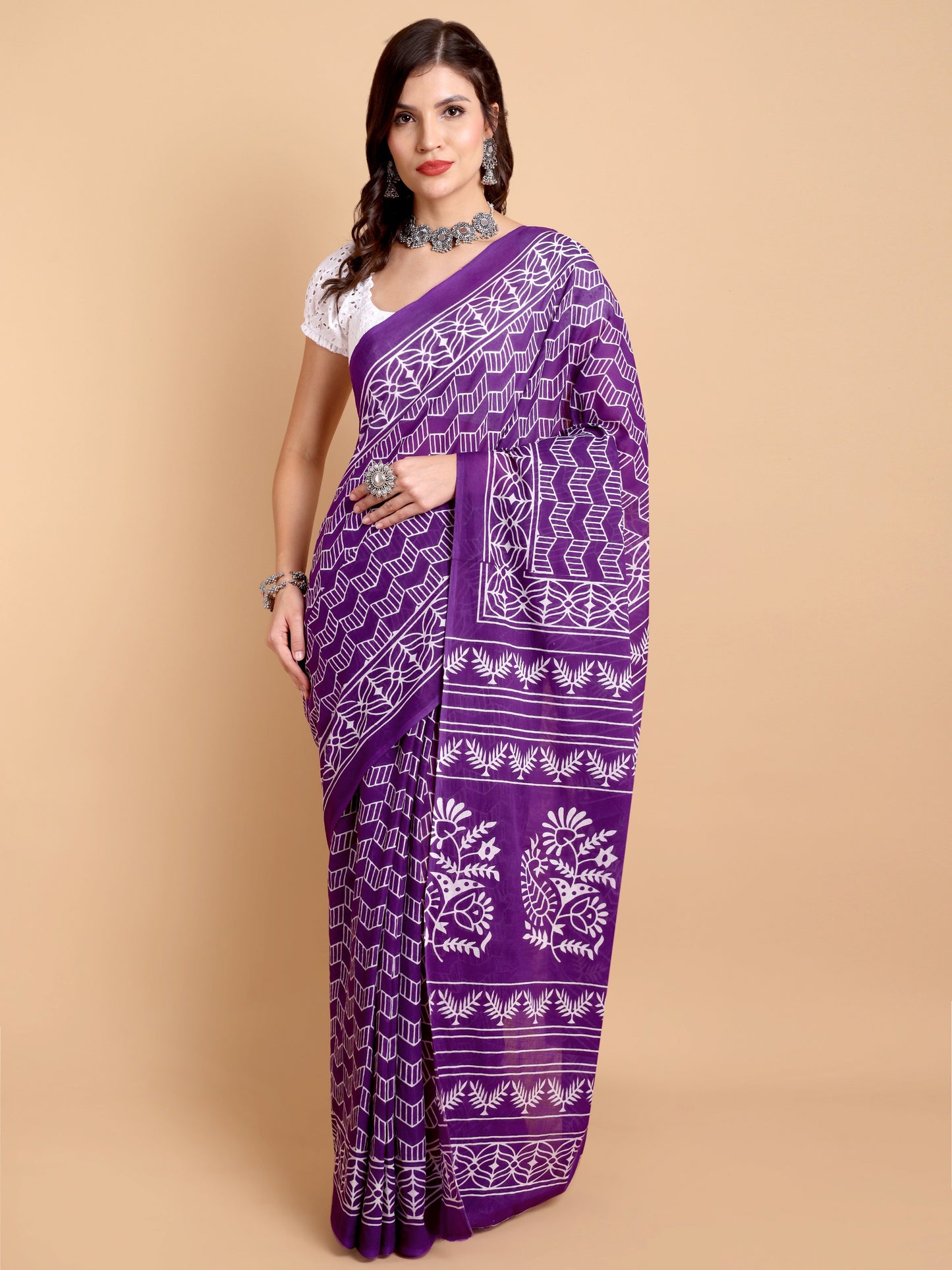 Elegant Purple Hand block Print Mul mul Cotton Saree with White Floral & Geometric Motifs