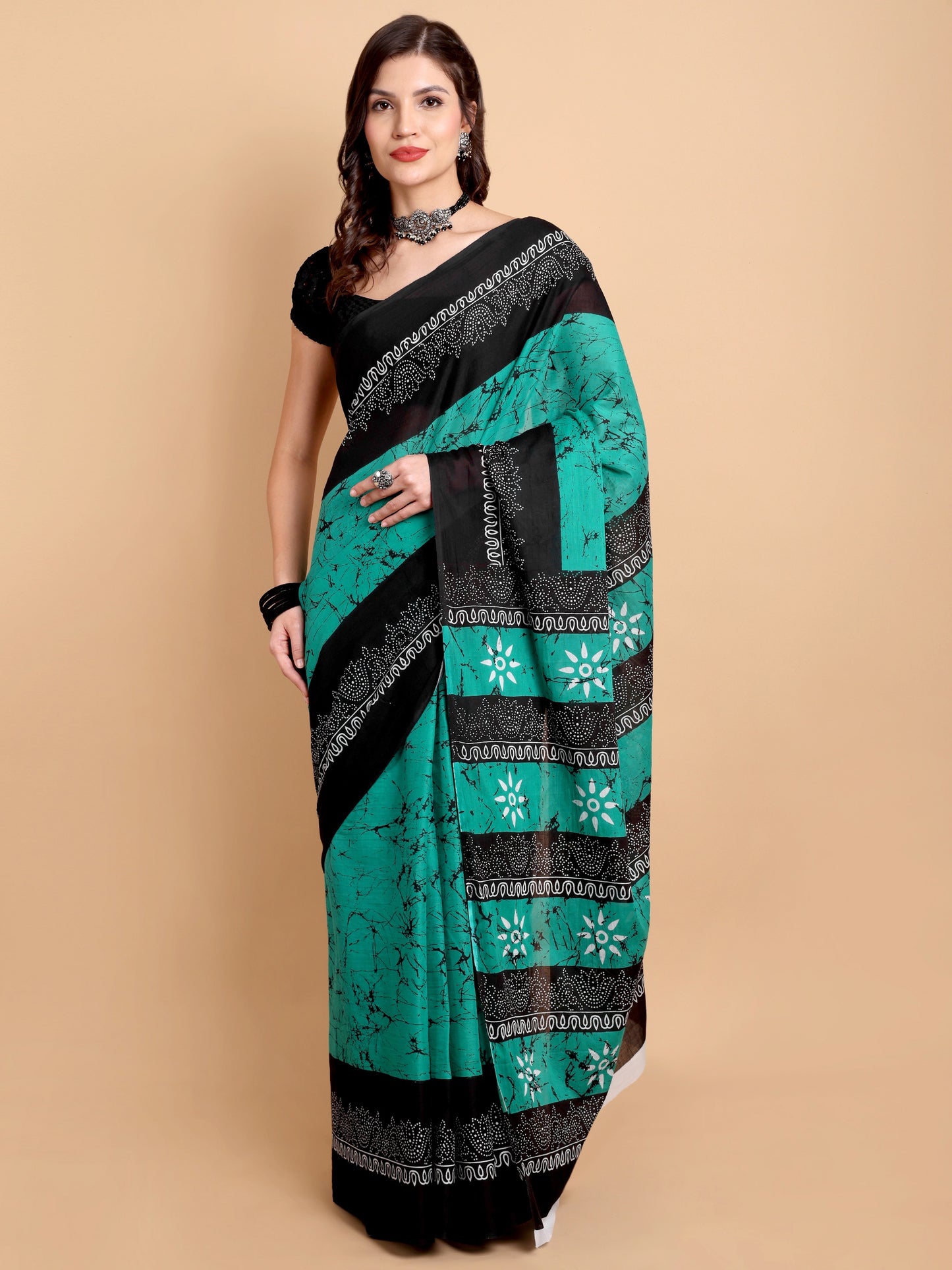 Teal Green & Black Mul Mul Cotton Saree with Batik and Floral Handblock Print