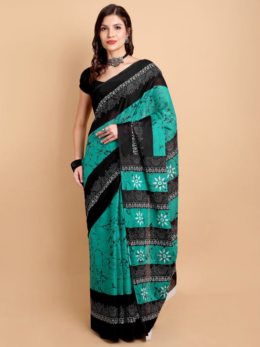 Teal Green & Black Mul Mul Cotton Saree with Batik and Floral Handblock Print