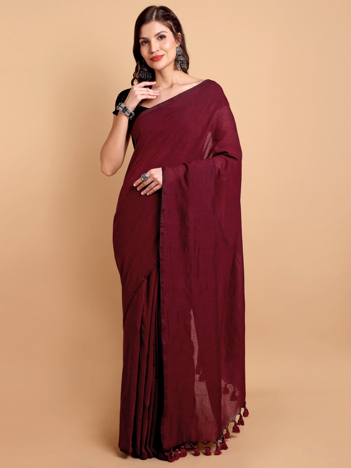 Elegant Maroon Khadi Cotton Saree with Handcrafted Tassel Detailing
