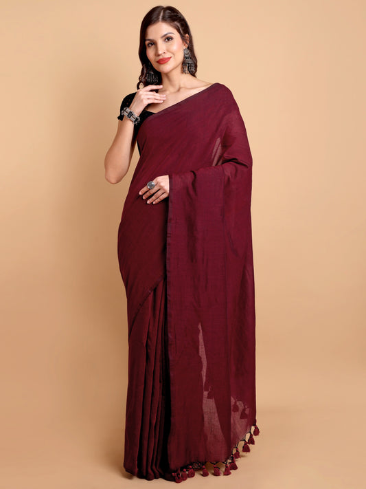 Elegant Maroon Khadi Cotton Saree with Handcrafted Tassel Detailing