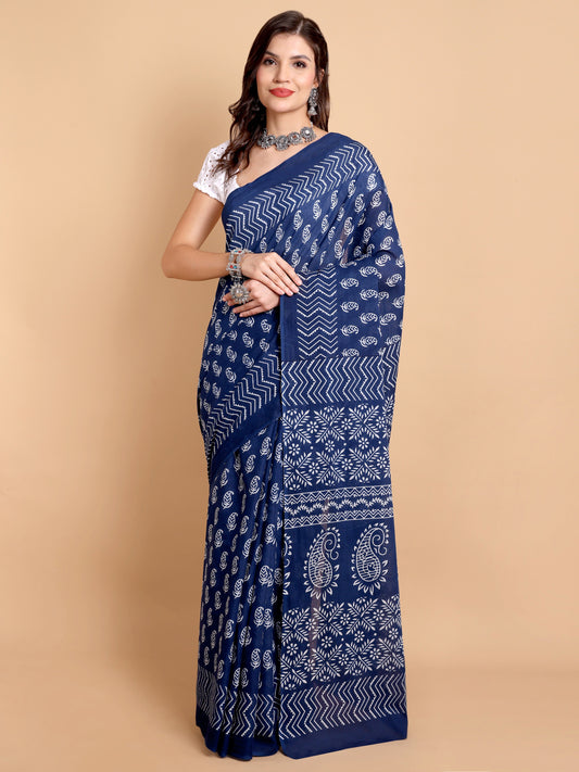 Elegant Navy Blue Mul mul Cotton Saree with White Traditional Hand block Print