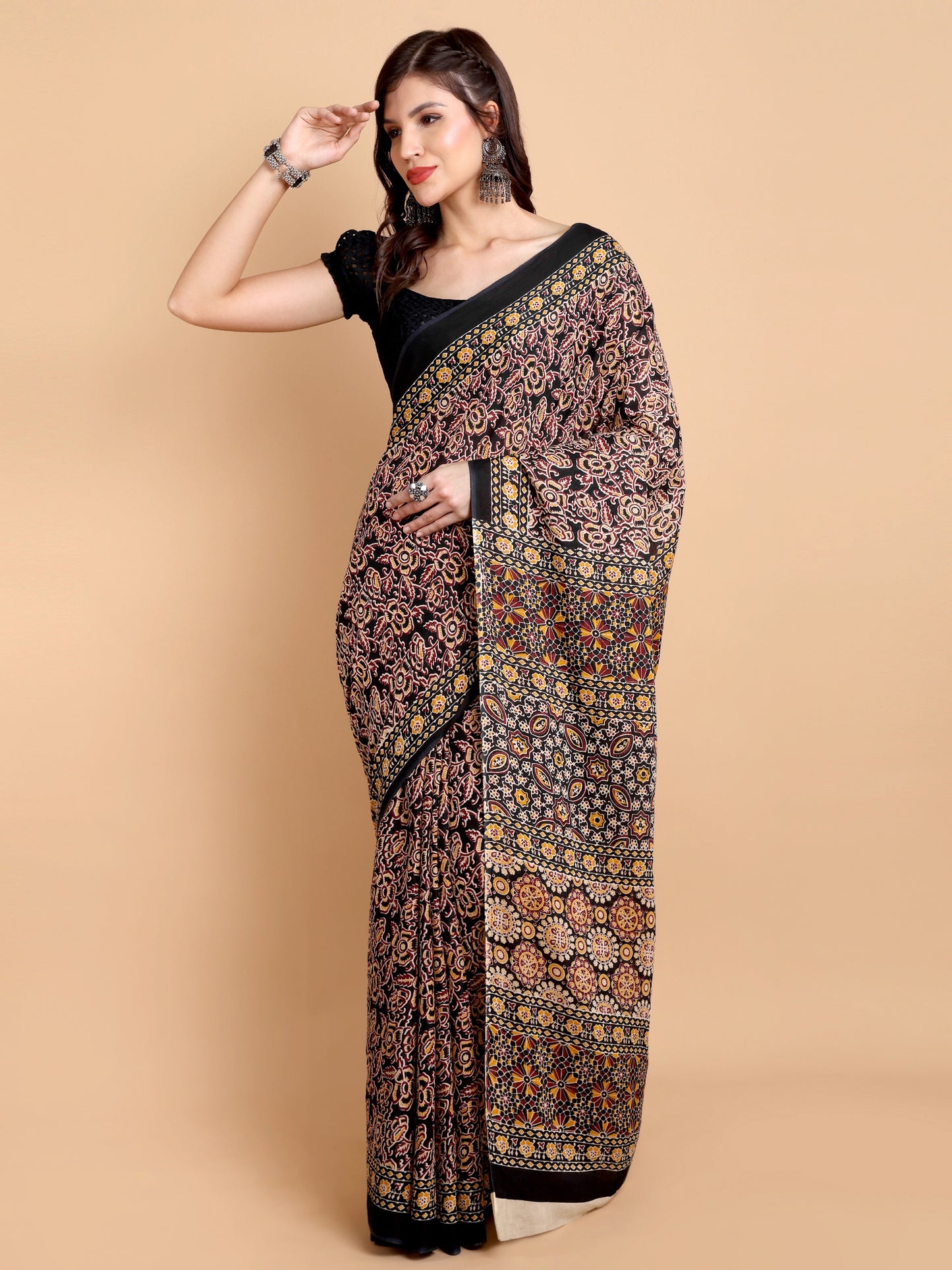 Rust Black Mul Mul Cotton Saree with All-Over Ajrakh-Inspired Print