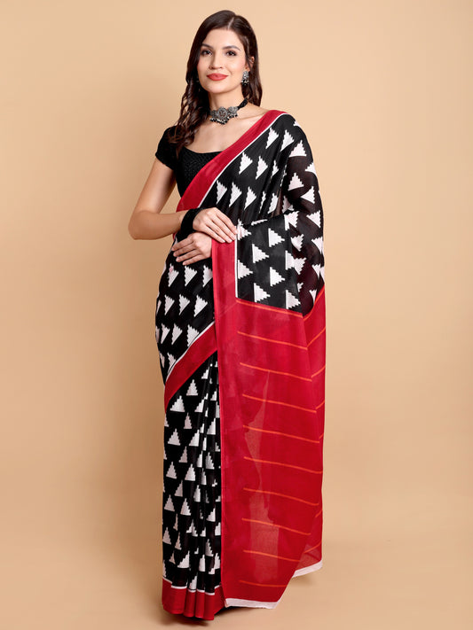 Black & Red Mul Mul Cotton Saree with Bold Geometric Triangle Print