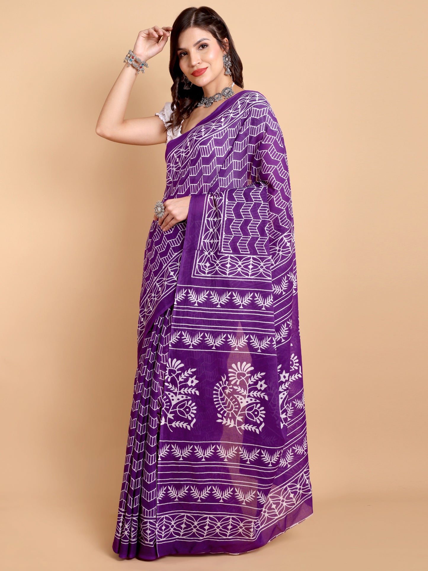 Elegant Purple Hand block Print Mul mul Cotton Saree with White Floral & Geometric Motifs
