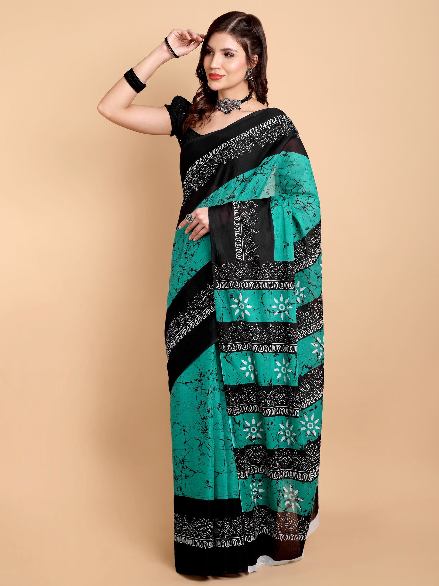 Teal Green & Black Mul Mul Cotton Saree with Batik and Floral Handblock Print