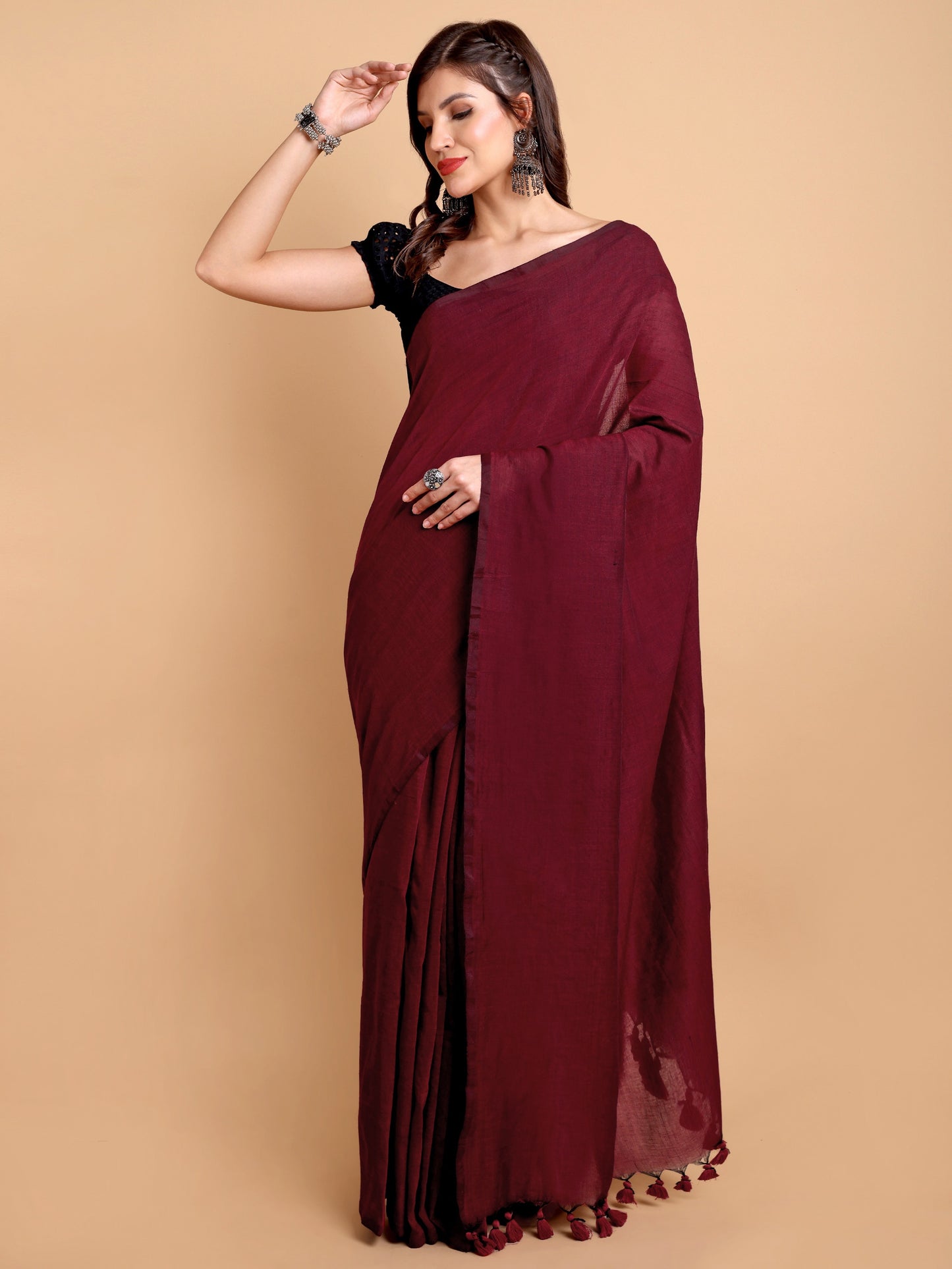 Elegant Maroon Khadi Cotton Saree with Handcrafted Tassel Detailing