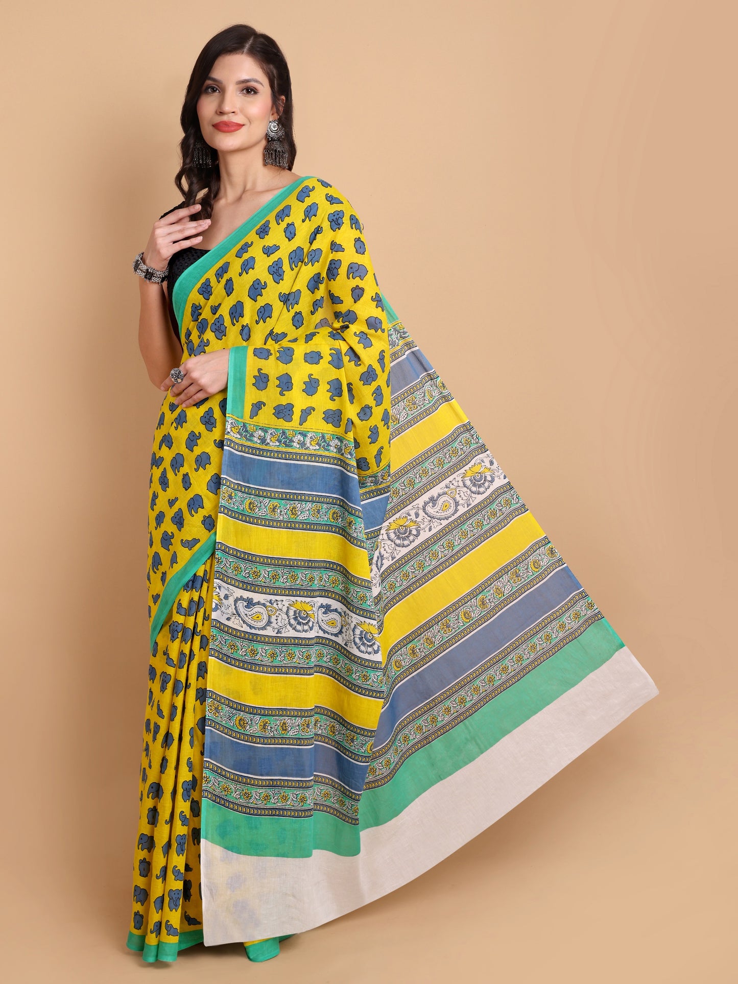 Vibrant Yellow Mul Mul Cotton Saree with Elephant Print & Multicolor Pallu