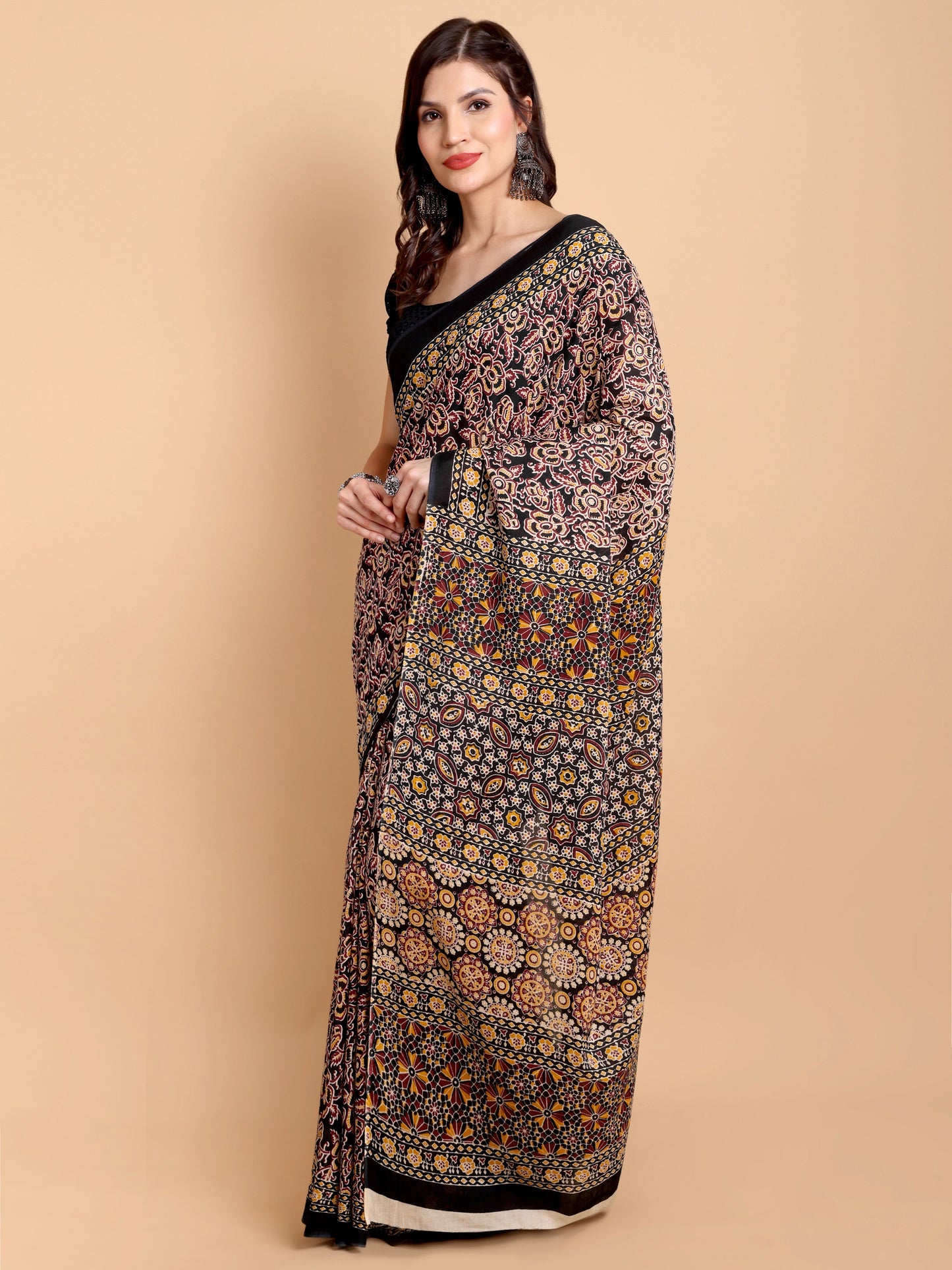 Rust Black Mul Mul Cotton Saree with All-Over Ajrakh-Inspired Print