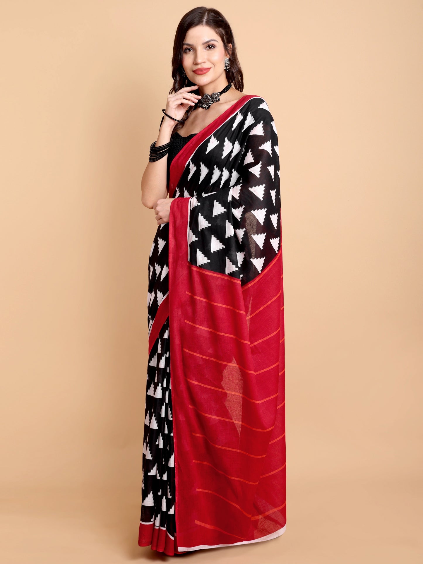 Black & Red Mul Mul Cotton Saree with Bold Geometric Triangle Print