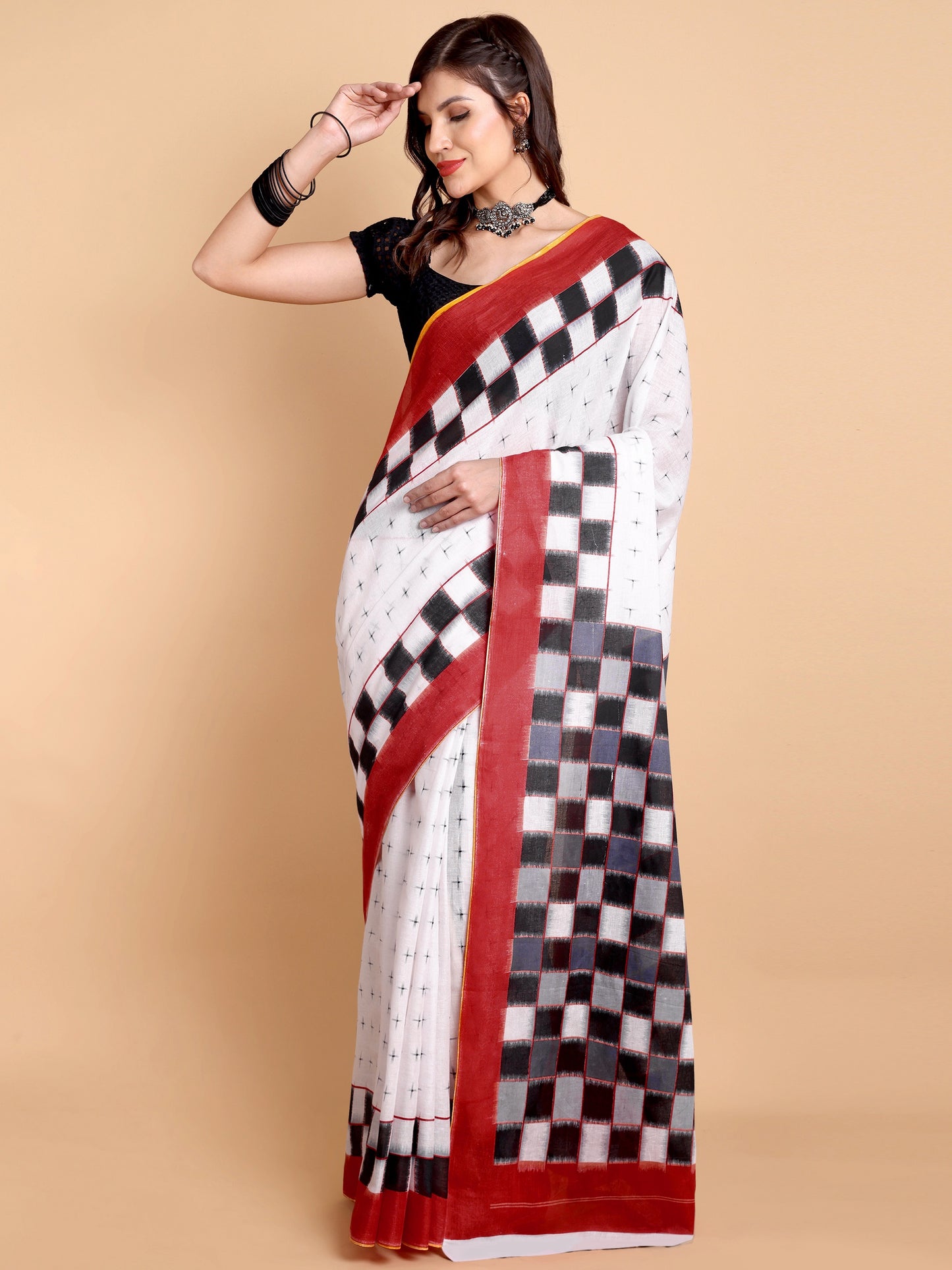 Elegant White Mul Mul Cotton Saree with Black Checks and Rust Red Border