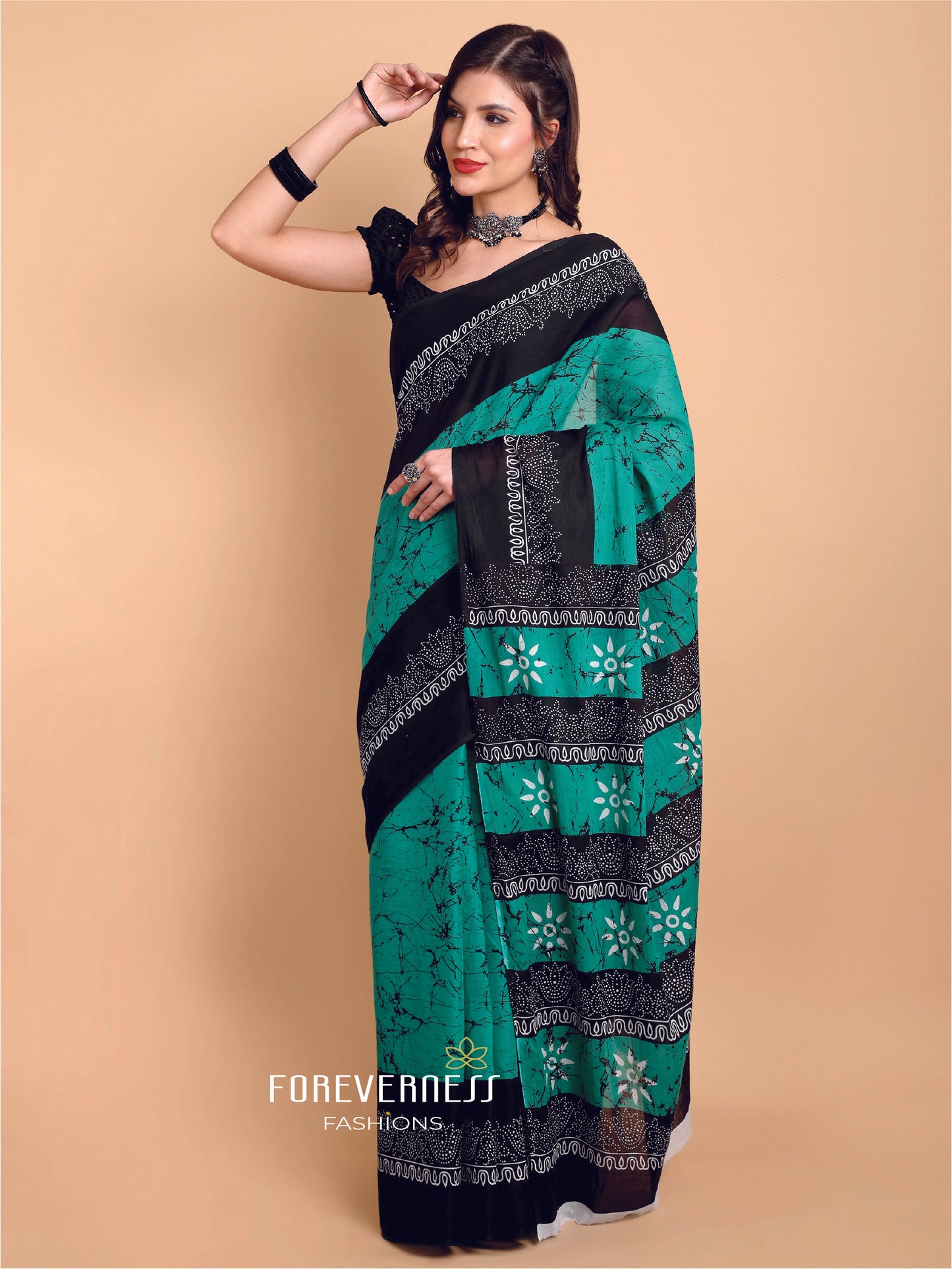 Teal Green & Black Mul Mul Cotton Saree with Batik and Floral Handblock Print