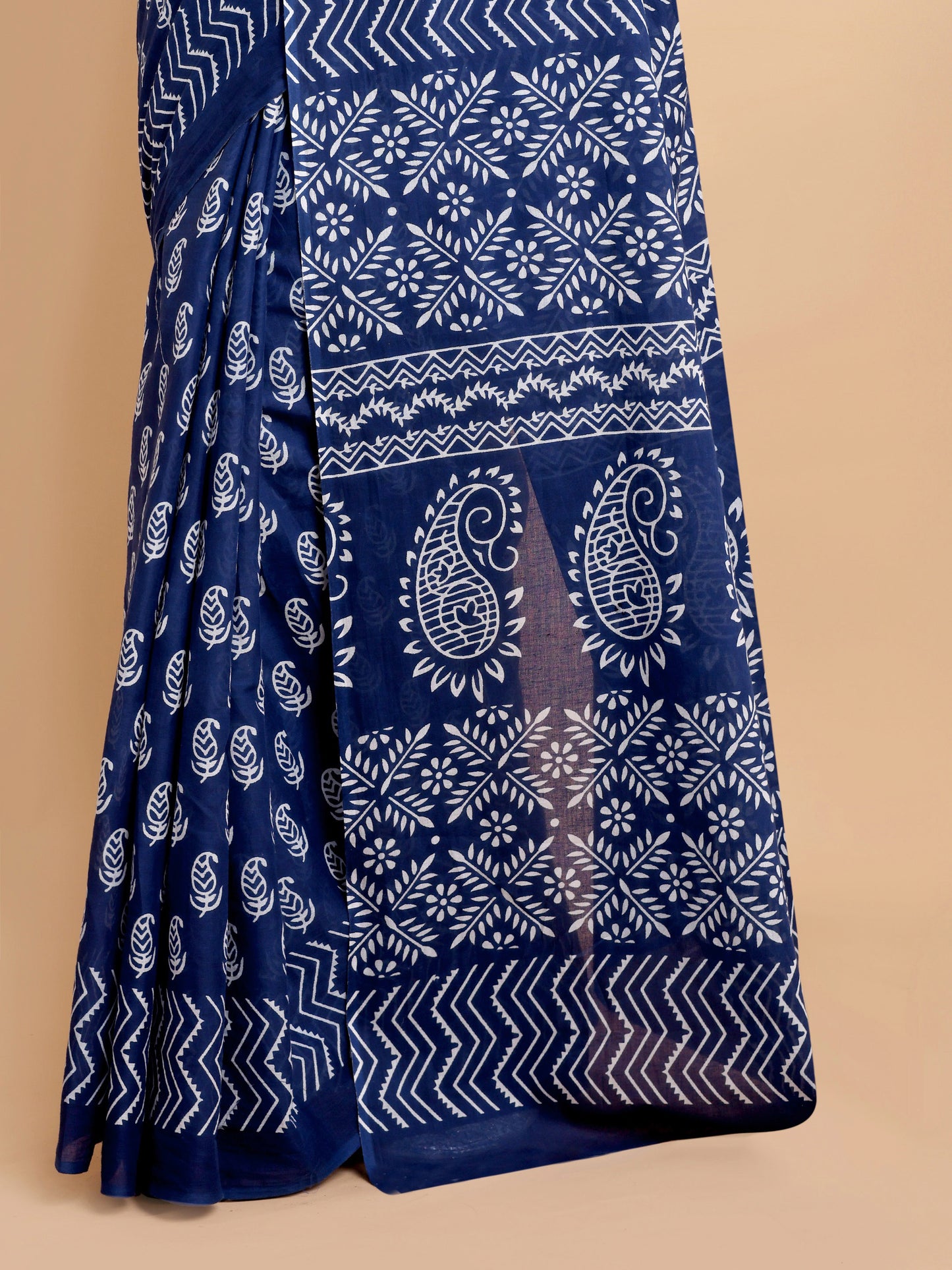 Elegant Navy Blue Mul mul Cotton Saree with White Traditional Hand block Print