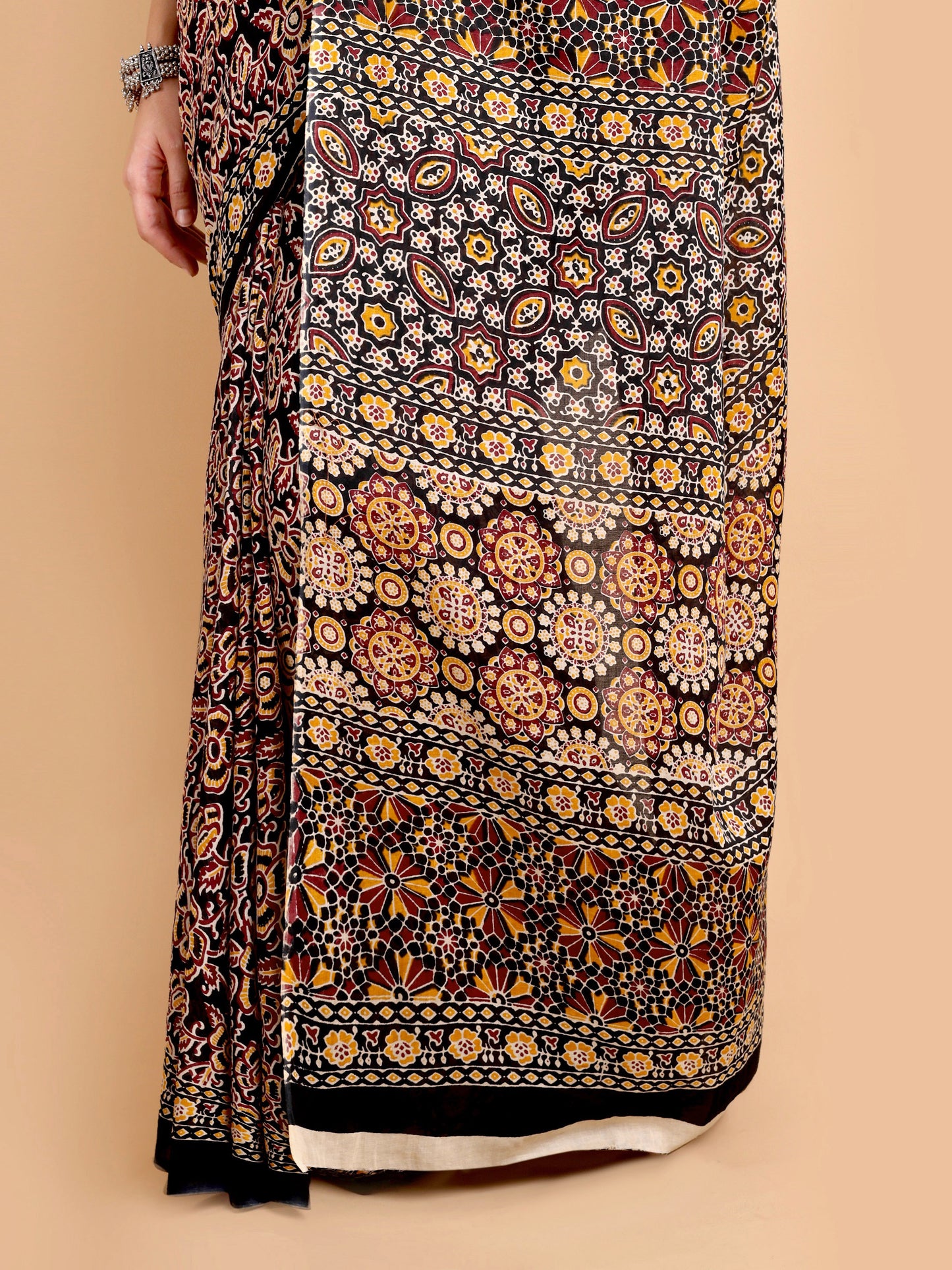 Rust Black Mul Mul Cotton Saree with All-Over Ajrakh-Inspired Print