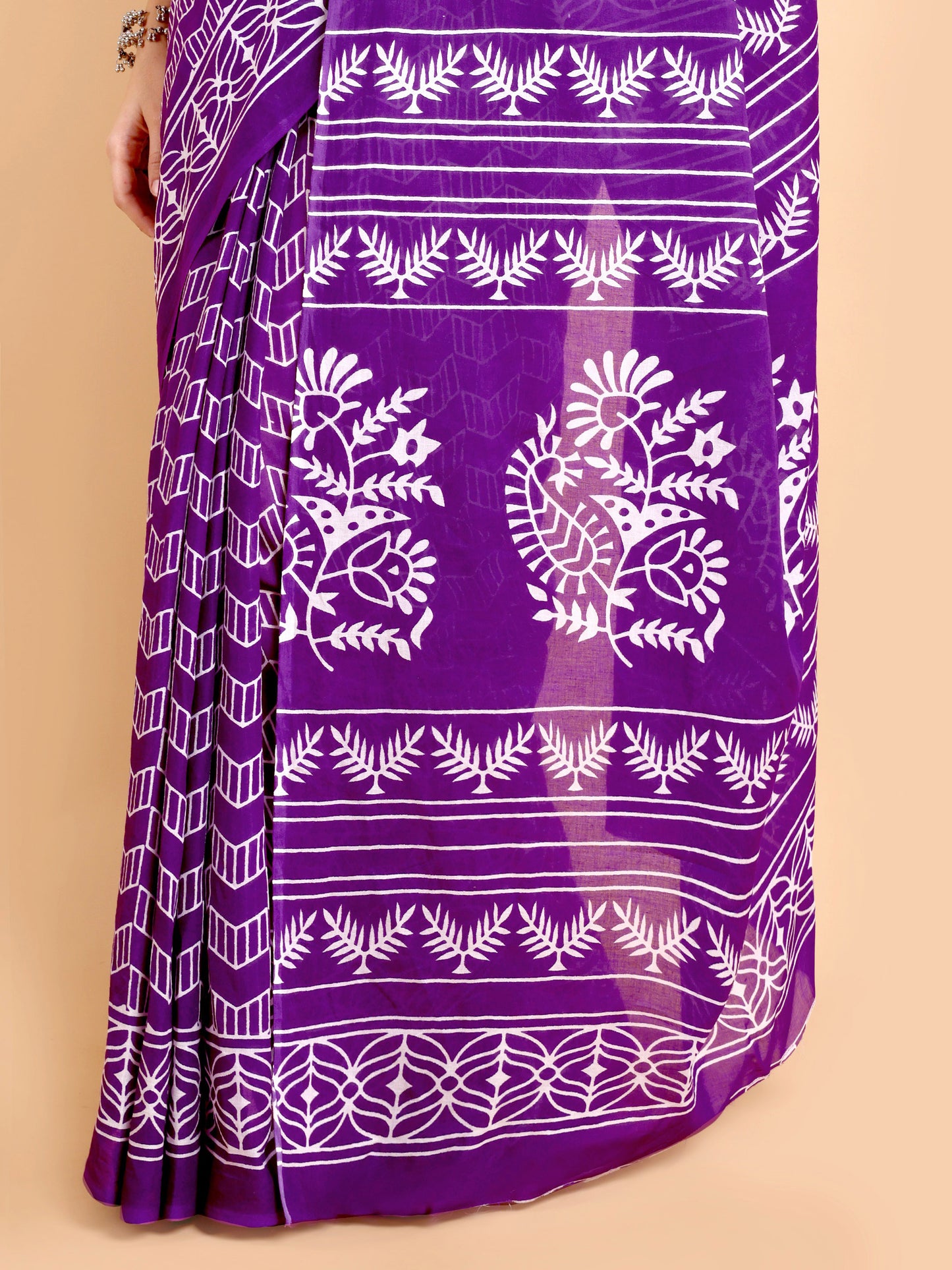 Elegant Purple Hand block Print Mul mul Cotton Saree with White Floral & Geometric Motifs