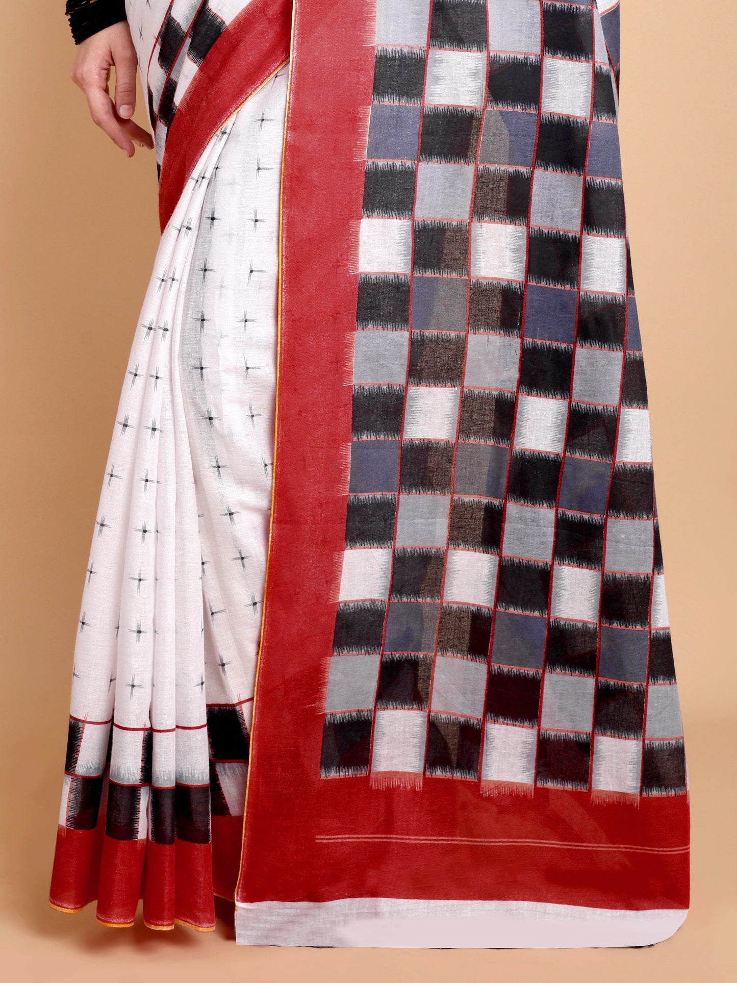 Elegant White Mul Mul Cotton Saree with Black Checks and Rust Red Border