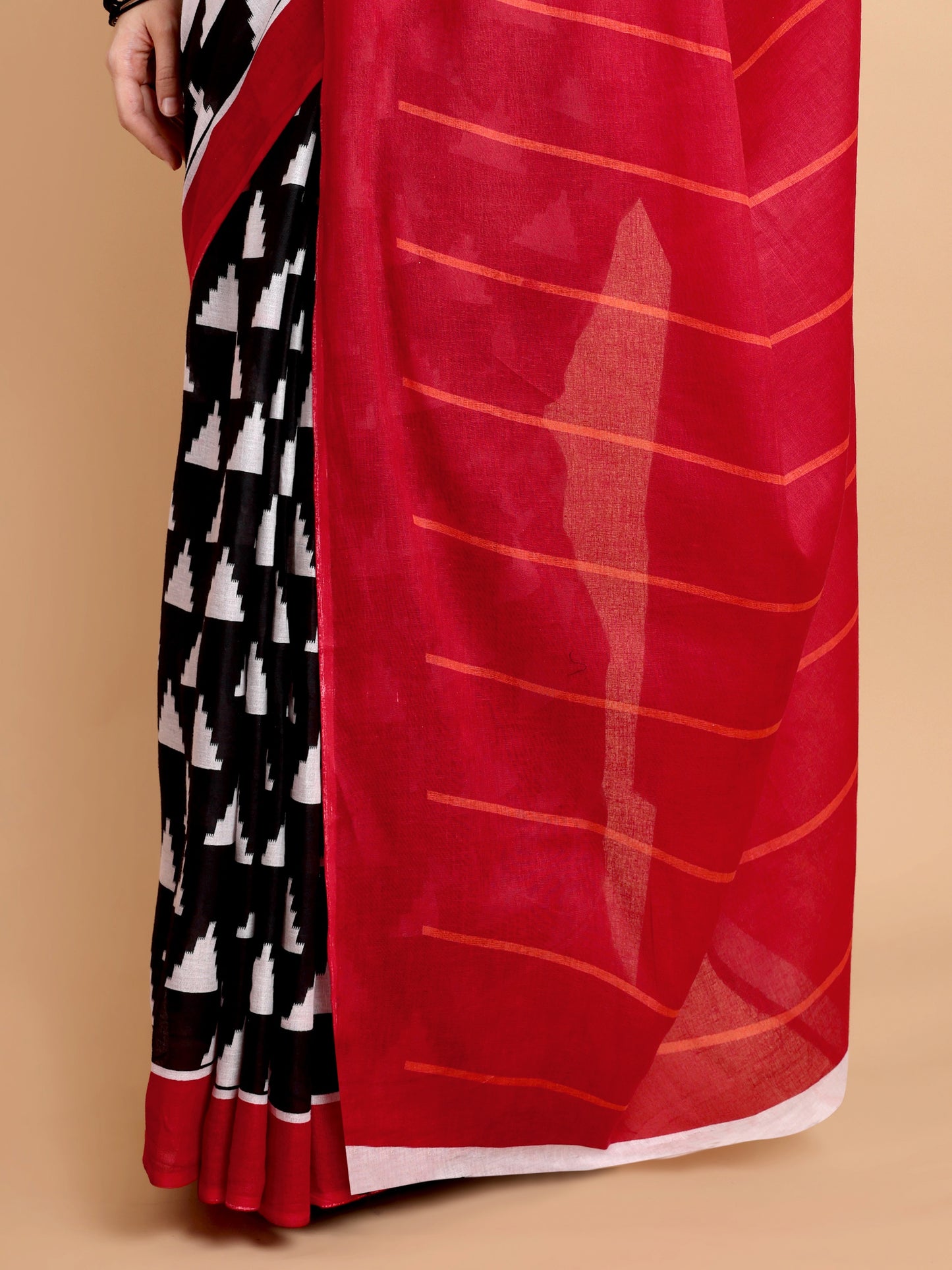 Black & Red Mul Mul Cotton Saree with Bold Geometric Triangle Print
