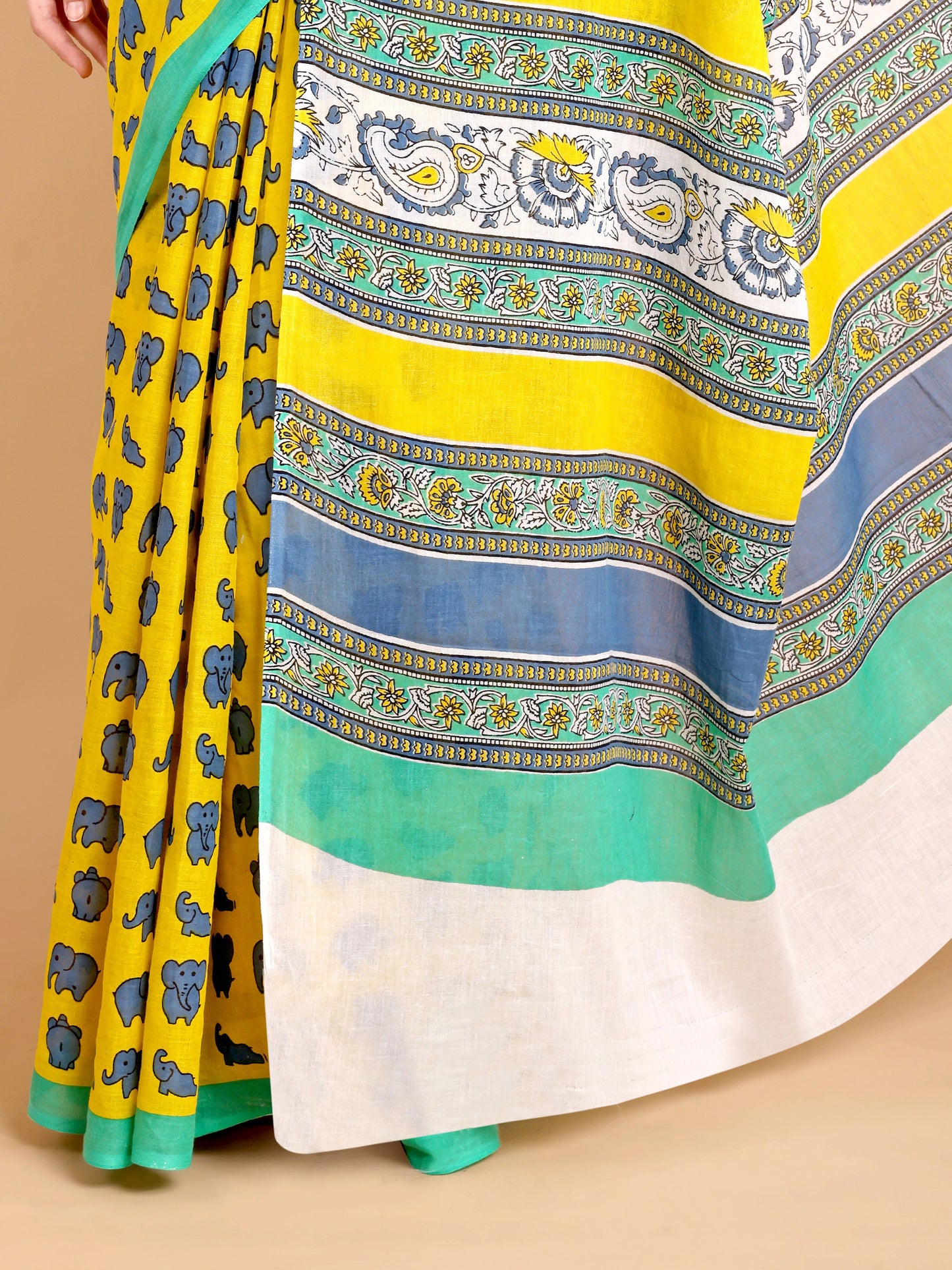 Vibrant Yellow Mul Mul Cotton Saree with Elephant Print & Multicolor Pallu