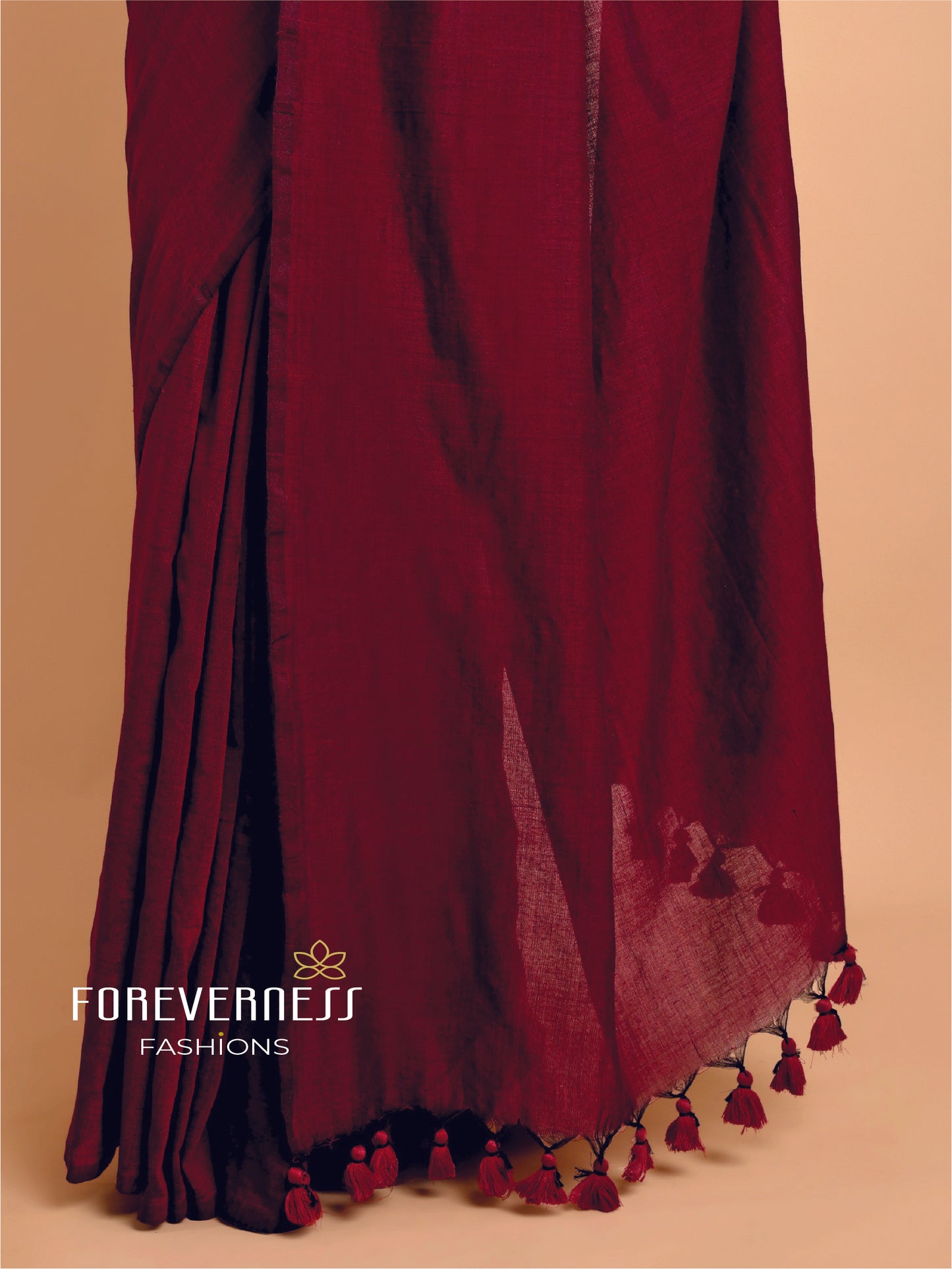 Elegant Maroon Khadi Cotton Saree with Handcrafted Tassel Detailing