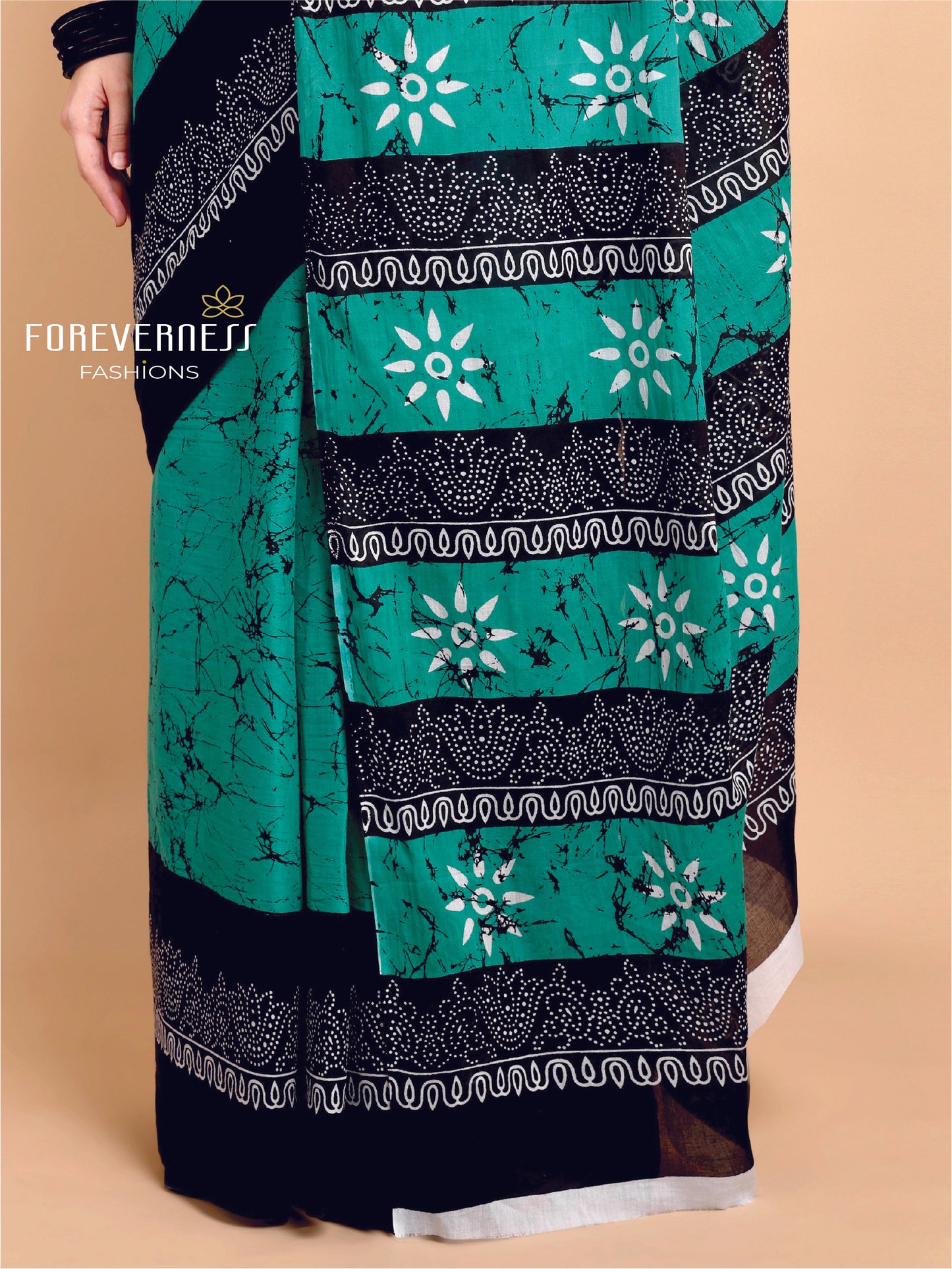 Teal Green & Black Mul Mul Cotton Saree with Batik and Floral Handblock Print