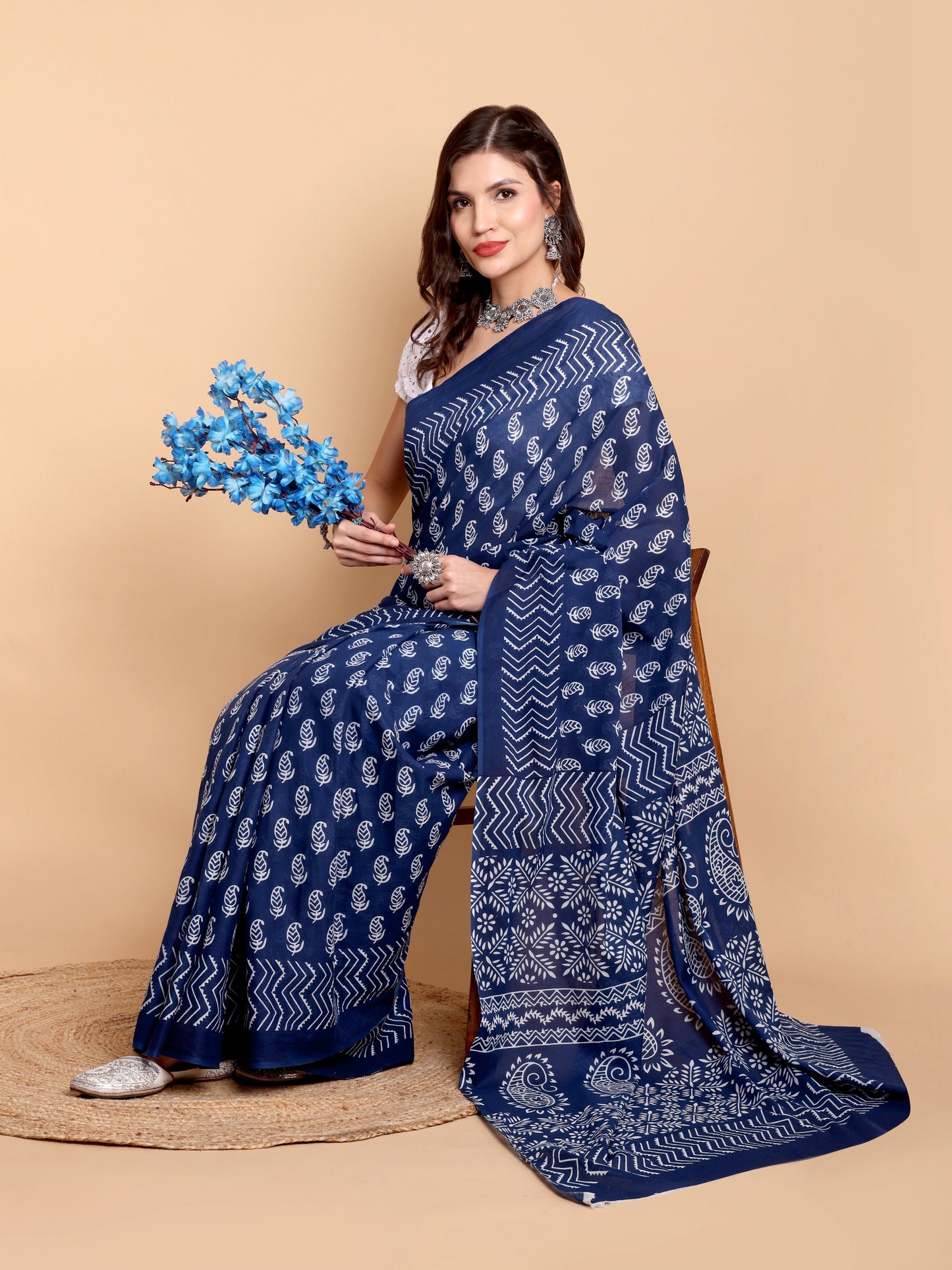 Elegant Navy Blue Mul mul Cotton Saree with White Traditional Hand block Print